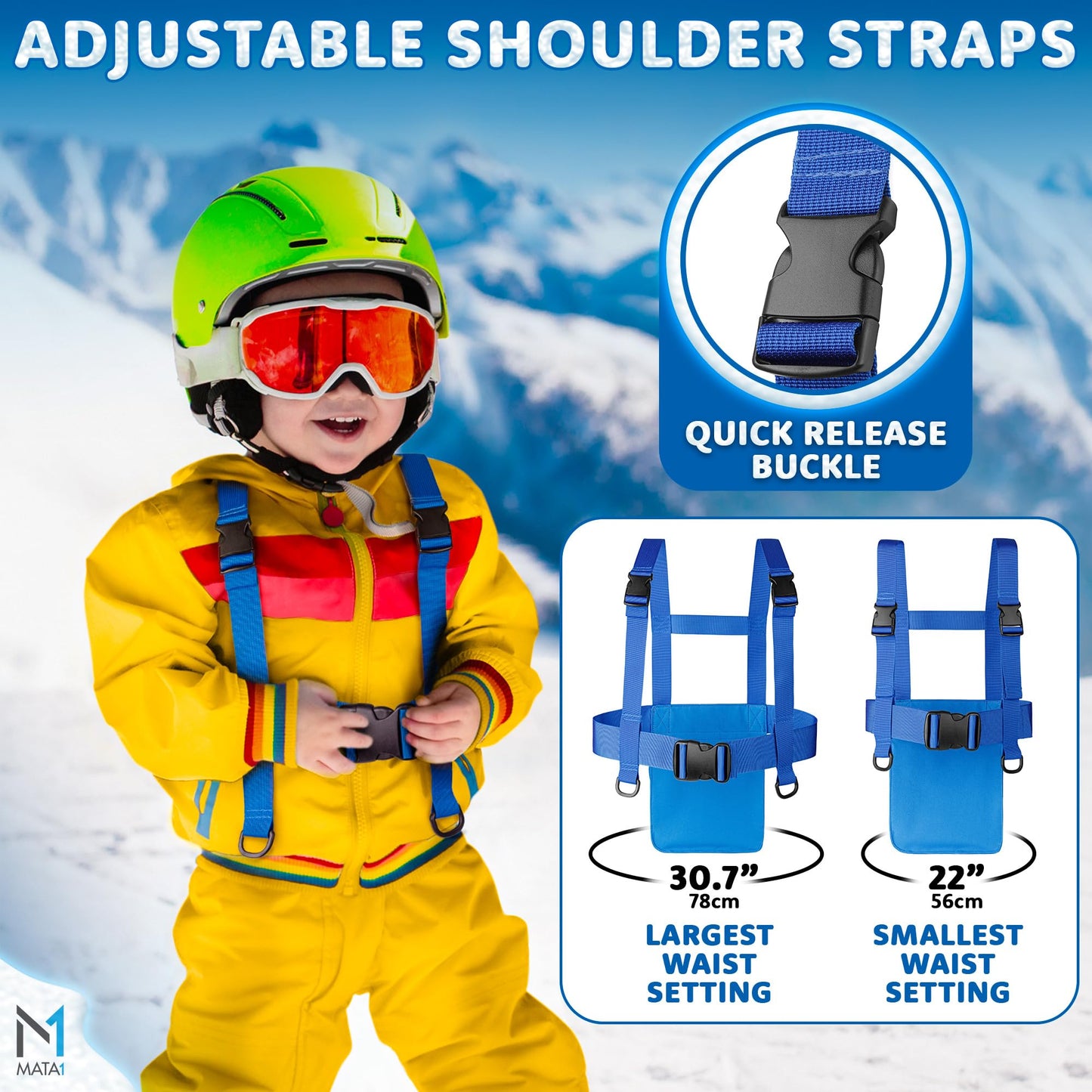 Mata1 Ski & Snowboard Training Harness for Kids - 2 Bungee Elastic Straps to Steer & Learn Speed Control - Ski Trainer Backpack w/Adjustable Shoulder Straps & Easy Lift-Handle for Toddlers