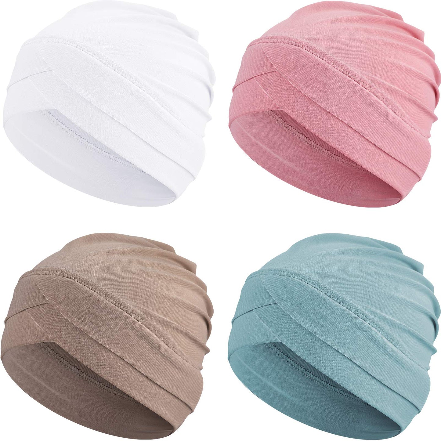 Geyoga 4 Pcs Women Turban Caps Chemo Headwear Cancer Patient Head Covering Soft Pleated Stretchy Head Wrap Sleep Hat