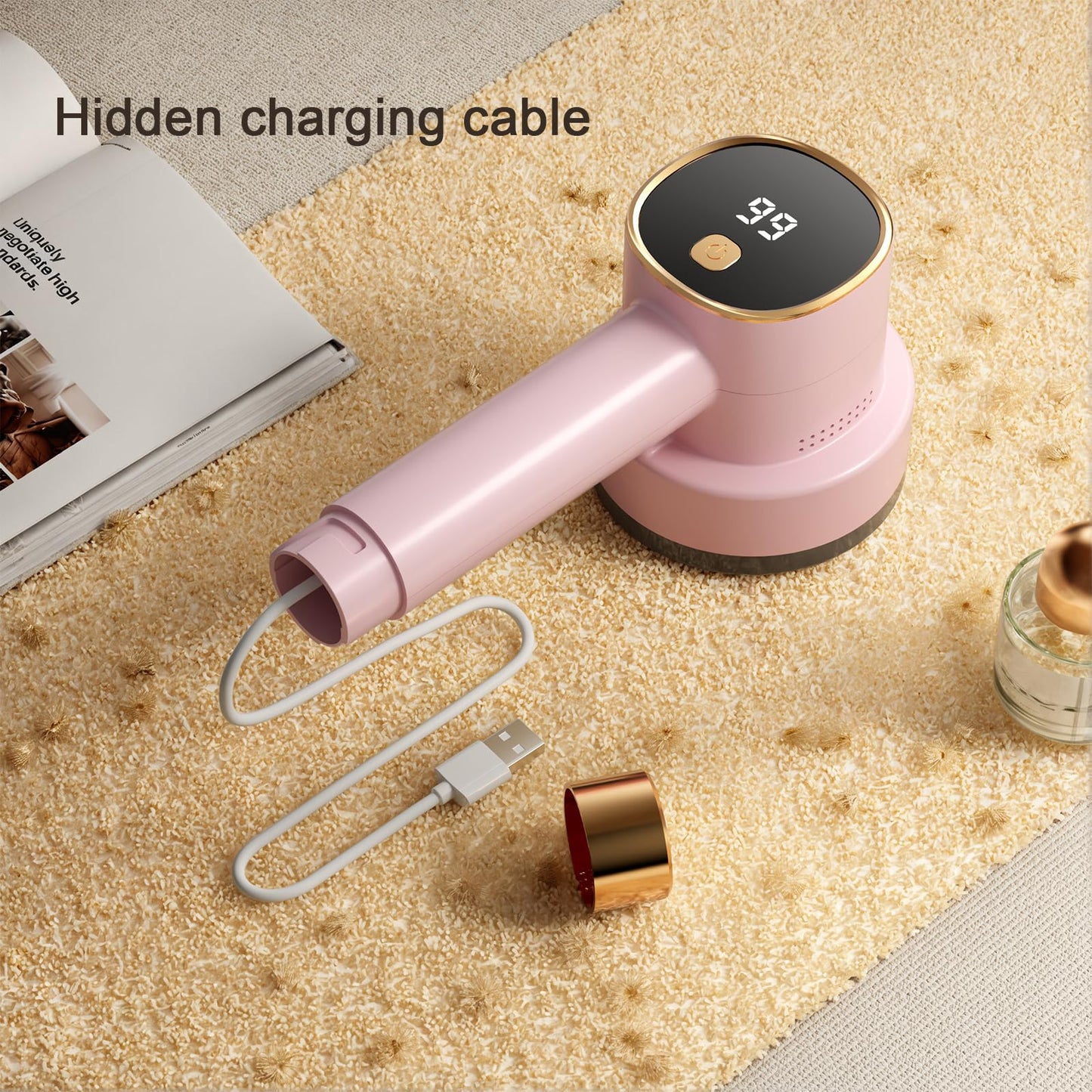 Fabric Shaver, Rechargeable Electric Lint Remover with LED Display, Lint Shaver, 6-Blade, 3-Speed Defuzzer Remove Fuzz, Pills for Clothes, Upholstery, Furniture, Pink