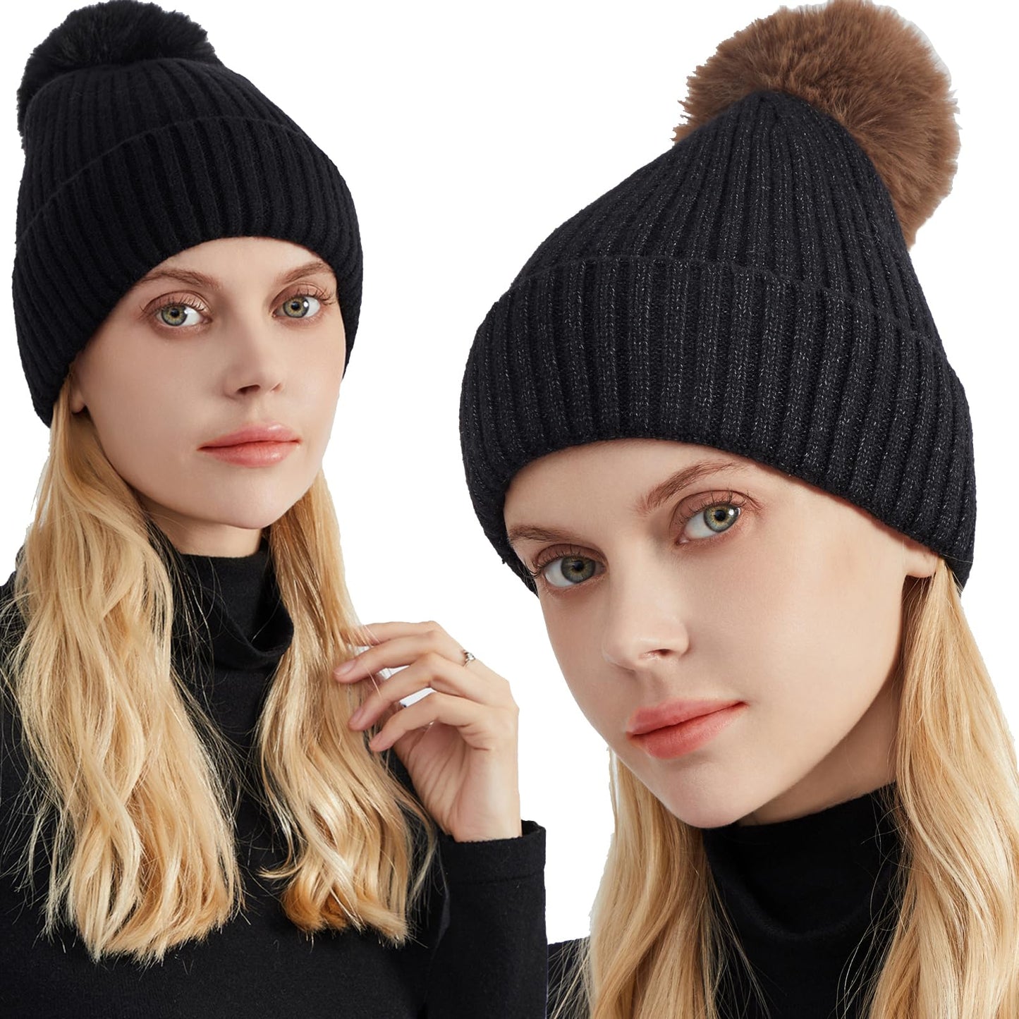 PHILIGHTS 2PCS Womens Beanie with Faux Fur Pom Pom, Wool & Satin Lined Winter hat,Warm Knit Ski Hats Cuffed Skull Cap