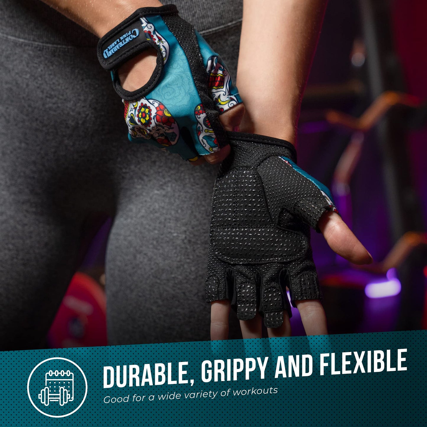 Contraband Pink Label 5237 Womens Designer Workout Gloves | Sugar Skull Print w/Grip-Lock™ Padding (Green, X-Small)