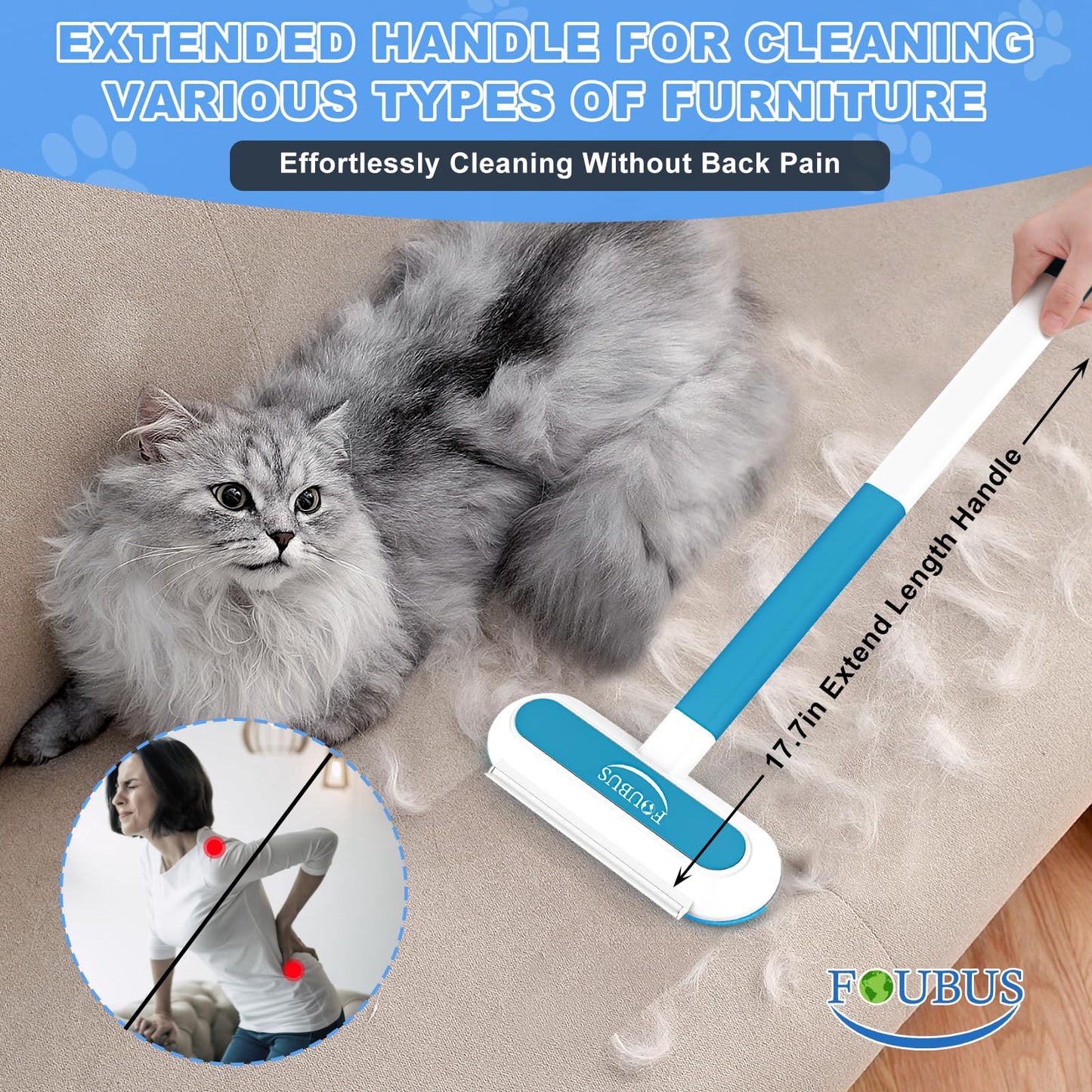 Multifunctional Pet Hair Remover Tool, 4 in 1-Reusable Washable Long Handle Dog&Cat Fur Hair Remover for Furniture,Carpet,Couch,Clothes,Bedding,Car,Window,Better Than Lint Rollers, with 2 Scrapers