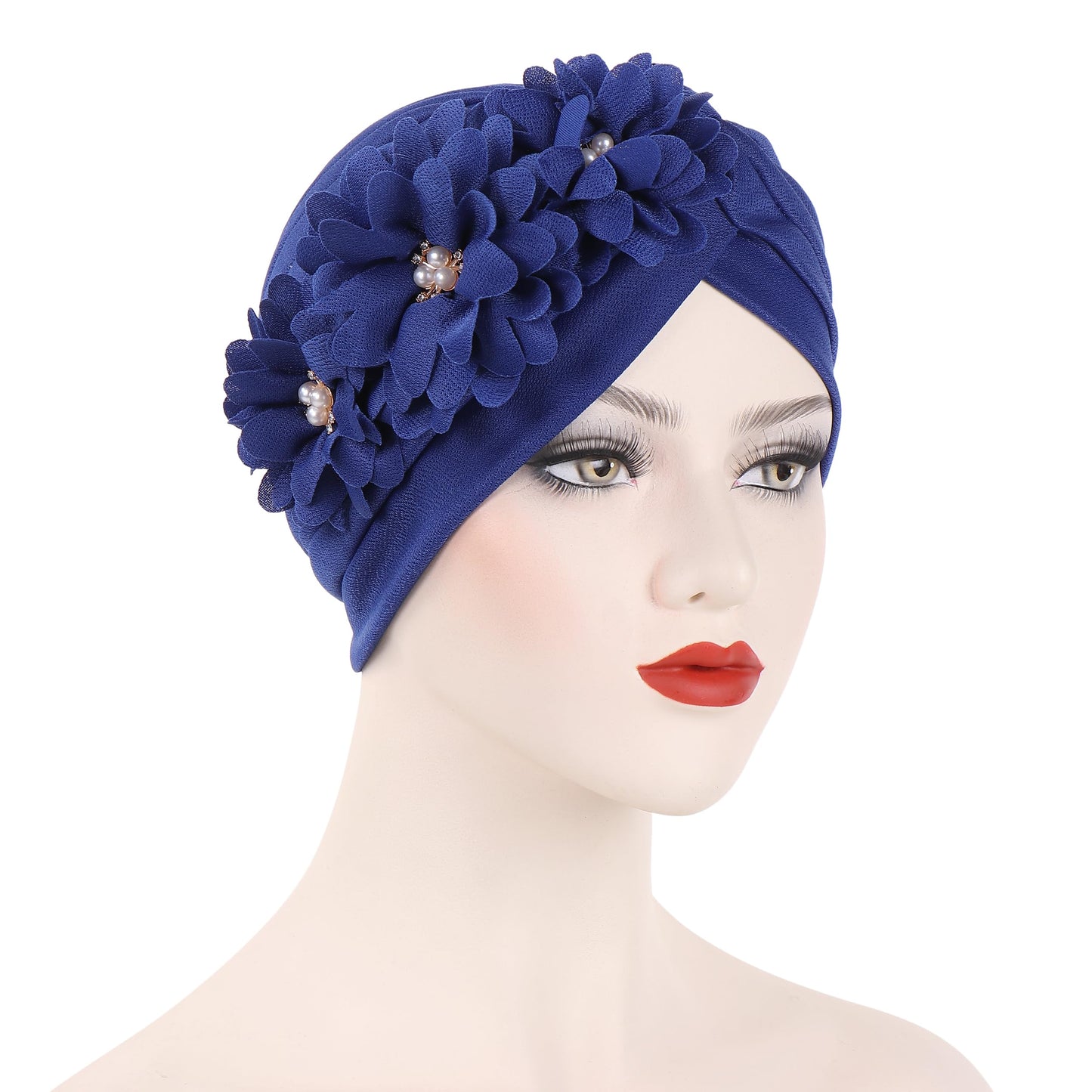 YYAOJHAO Women Flower Turban hats - Ruffle Pre tied Headwrap Caps Chemo Beanies Hijab Headscarf for Cancer Patient Hair Loss (Polyester, Blue)