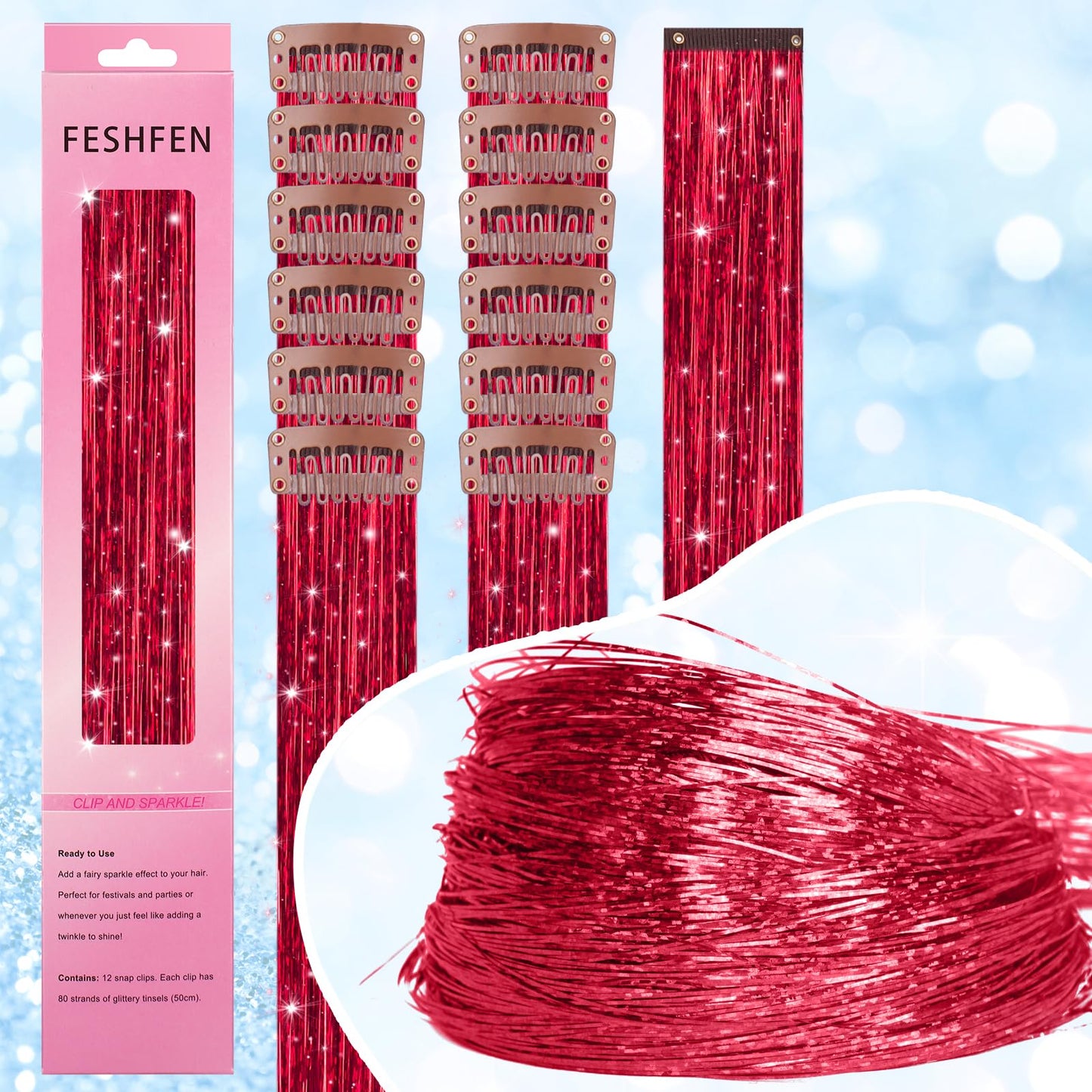 FESHFEN Clip in Hair Tinsel - 12 PCS Red Clip ins Glitter Tinsel Hair Extensions Sparkle Fairy Dazzle Colorful Accessories Kit for Women 20 Inch