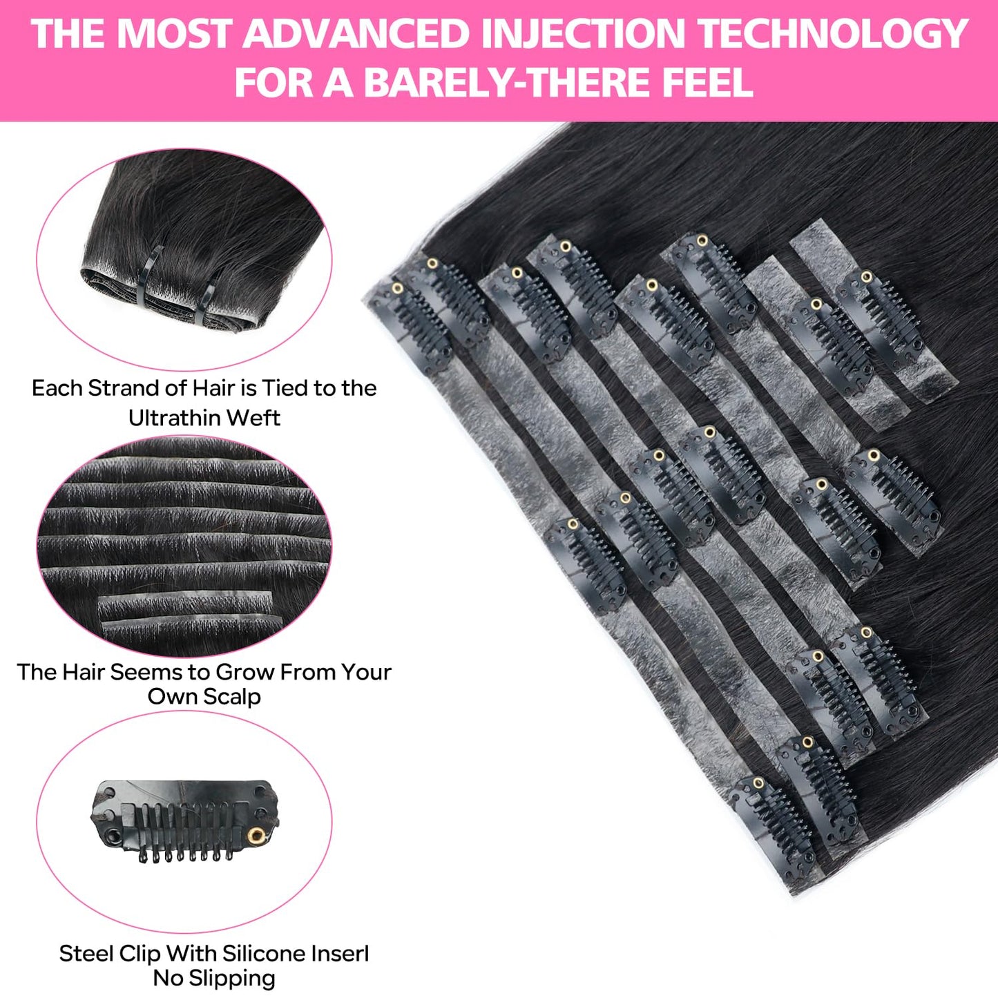Injected Clip in Hair Extensions Real Human Hair Invisible Hand-Tied Weft Hair Extensions Clip in Human Hair Straight Seamless Clip ins for Women 8Pcs 120g 16inch #1B Natural Black