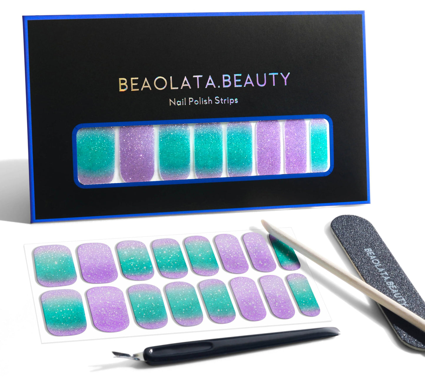 Beaolata Nail Polish Strips, 32PCS Salon Quality Wraps, Long Lasting Gel Nail Stickers for Women Easy Apply& Remove (Disco Green)