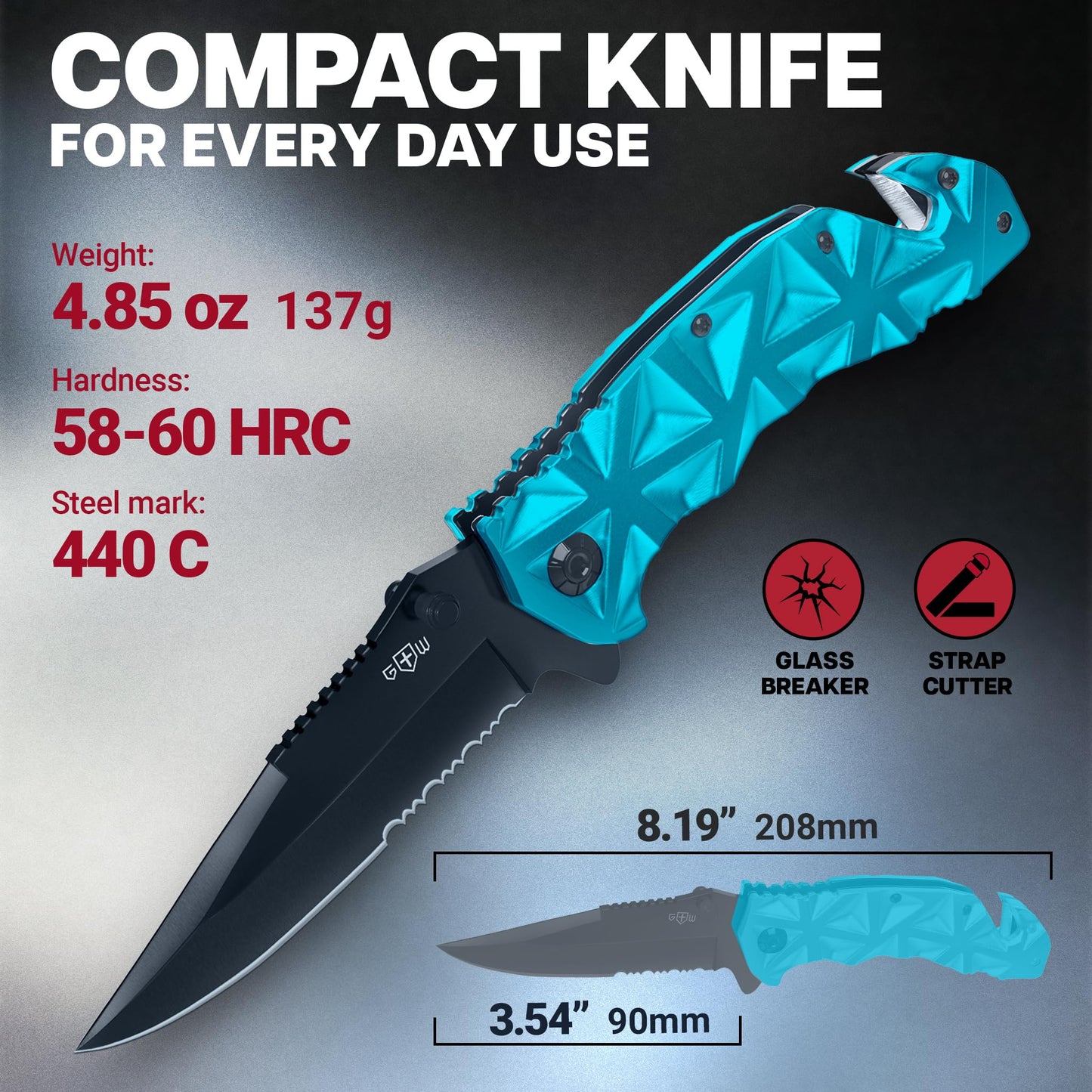 Blue Pocket Knife for Men - 440 Steel Serrated Blade - Glass Breaker for Emergency - Folding Knives with Clip for Survival - Hunting & Tactical Knives & Tools - Gifts for Dad Husband Him - HB 207 BL