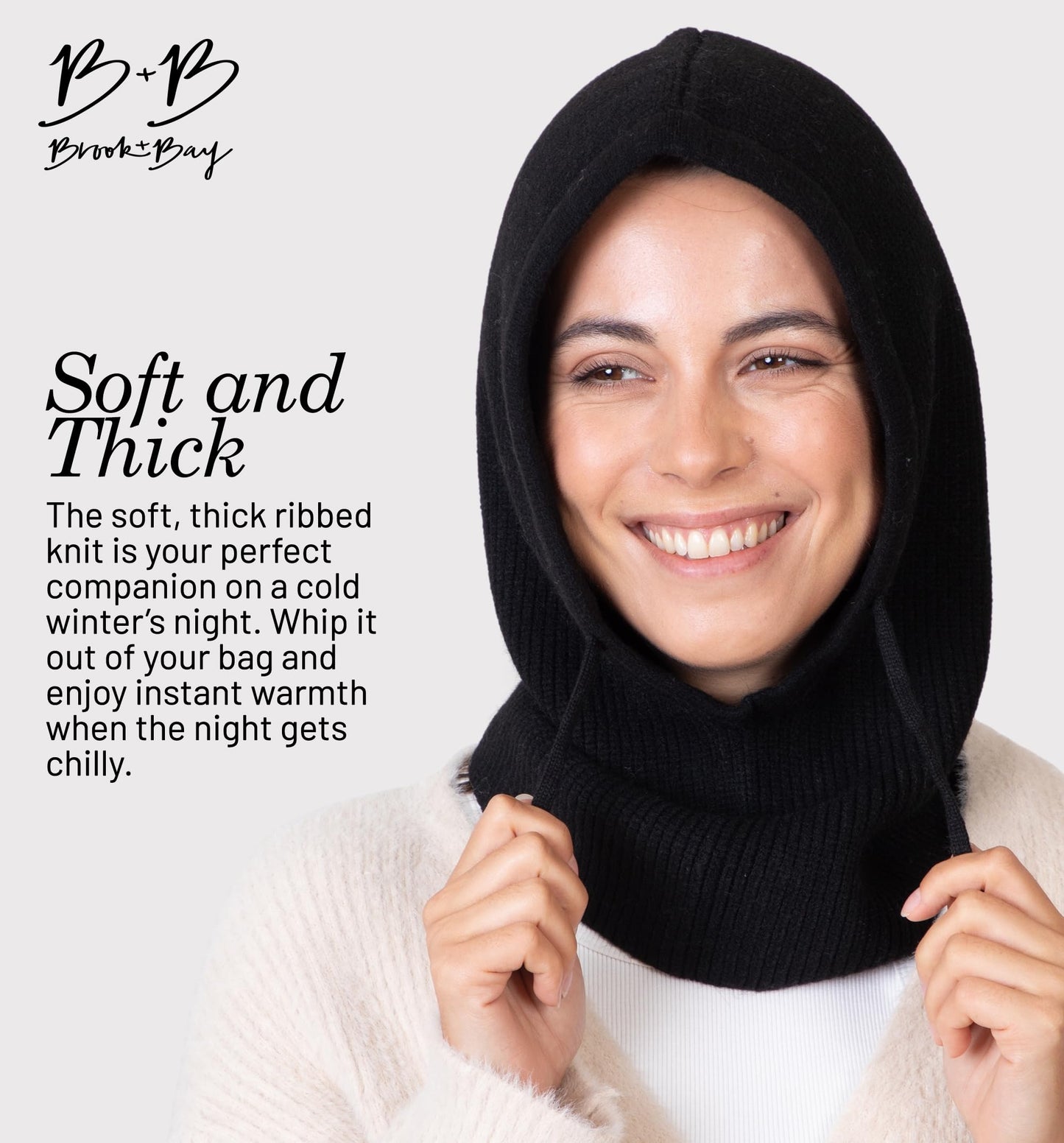Brook + Bay Knitted Hooded Scarf w/Drawstrings - Knit Balaclava Hood Scarf for Women Winter - Stylish Hooded Hat, Neck Warmer Black