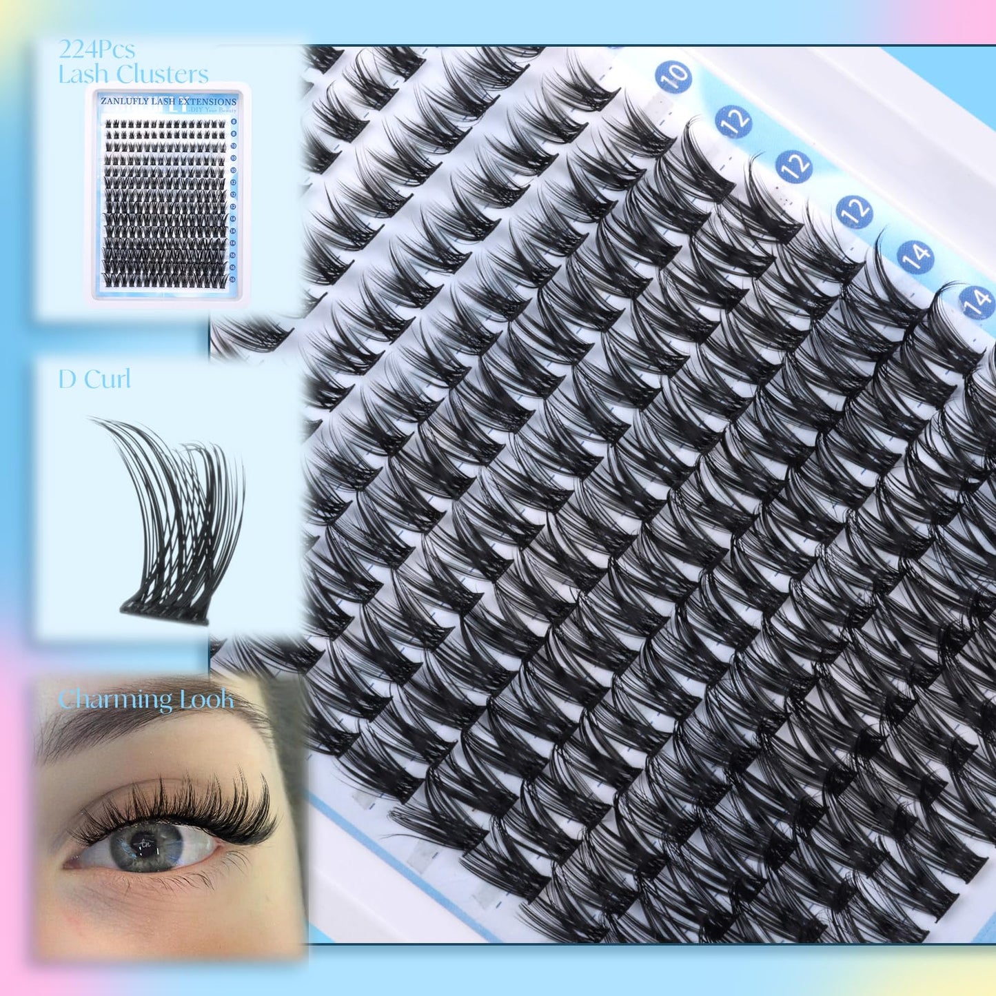zanlufly Wispy Lash Clusters Natural D Curl Fishtail Eyelash Extensions 224Pcs Individual Lashes (8-16MM)