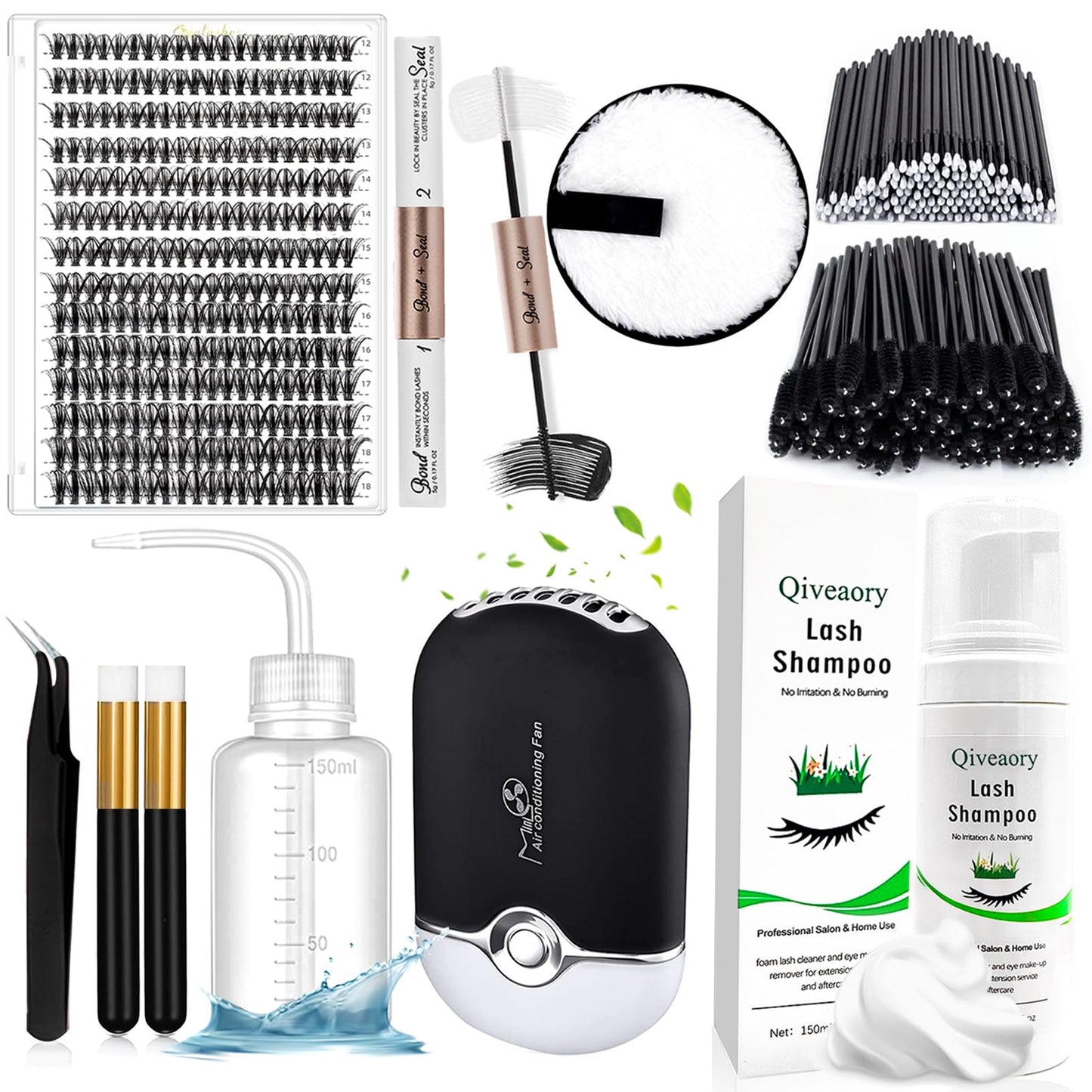 Lash Extension Kit DIY Individual Lash Clusters(280Pcs 40D Mix 12-18mm) with Lash Bond and Seal USB Portable Lash Fan 150ml/5.07fl.oz Lash Shampoo Tweezers Applicator Mascara Brush (Original B)