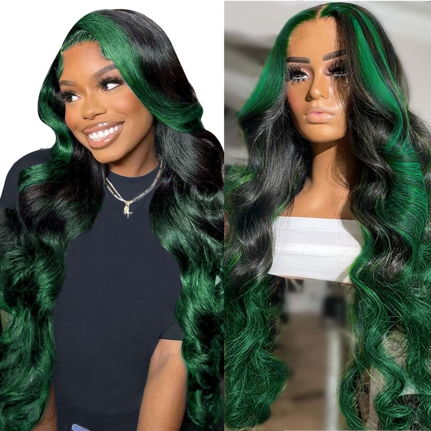 haha Green Ombre Lace Front Wig Human Hair Highlight Green Lace Front Wig Pre Plucked 13x4 Body Wave Lace Frontal Wig Black and Green Skunk Stripe Human Hair Wig Glueless Colored 18 Inch 150% Density