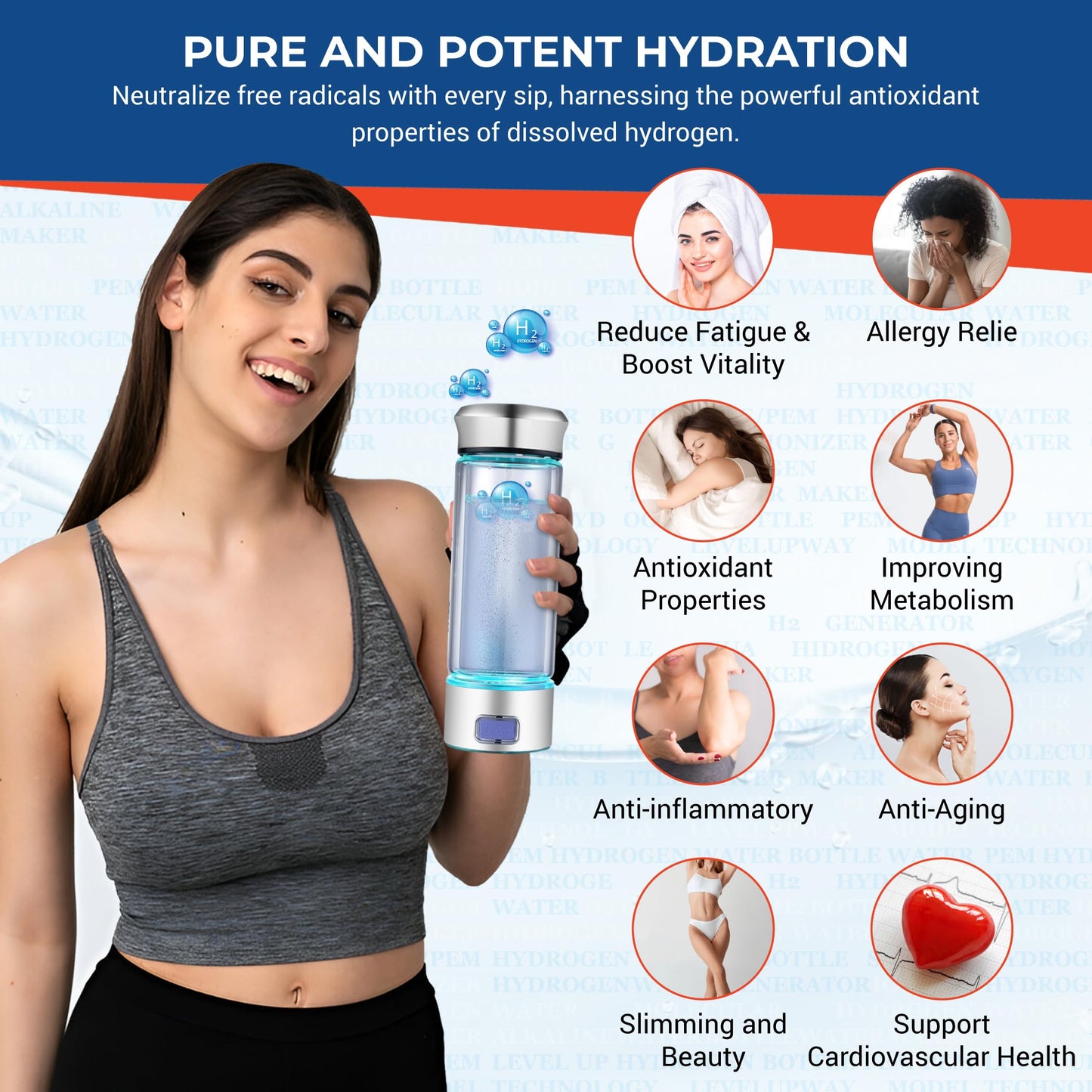 LevelUpWay - Hydrogen Water Bottle Up to 4000PPB SPE PEM Technology Water Ionizer (Borosilicate Glass, Silver)