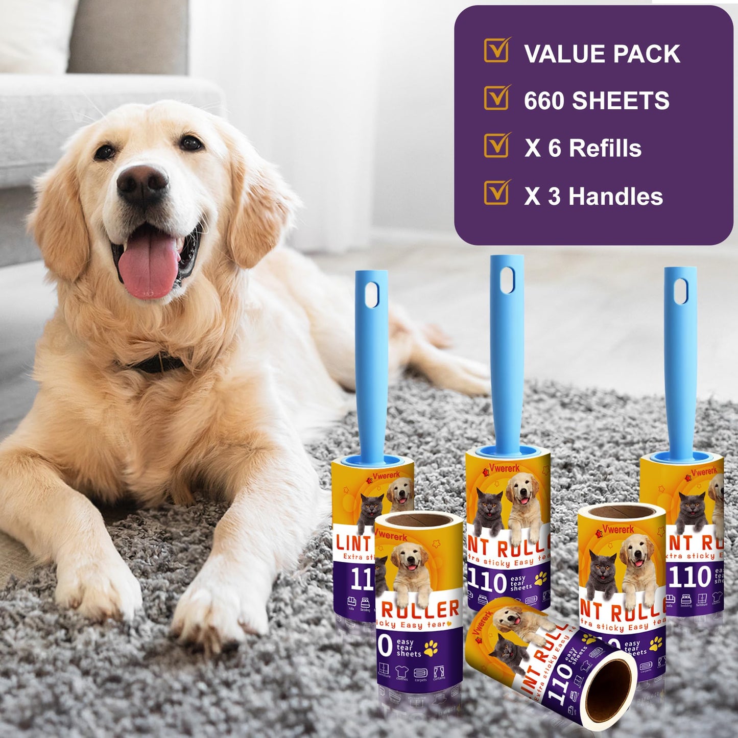 VweRerk Lint Rollers for Pet Hair Extra Sticky, 660 Sheets Value Set/6 Lint Roller Refills with 3 Durable Handles, Pet Hair Roller for Clothes, Furniture, Carpet