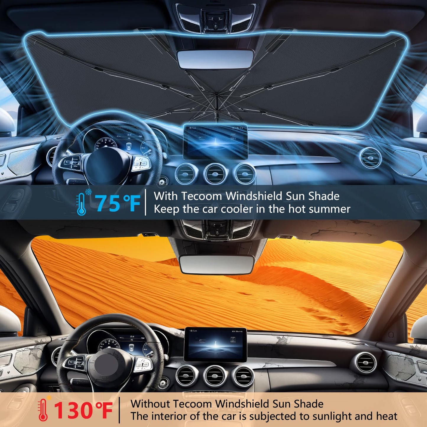 Tecoom Umbrella Sun Shade for Car Windshield 57"x32", Upgrade Double Heat Shield Coating, Front Vehicle Window Visor Sunshade Cover Universal for Sedan SUV, Automotive Interior Sun Protection UV Block