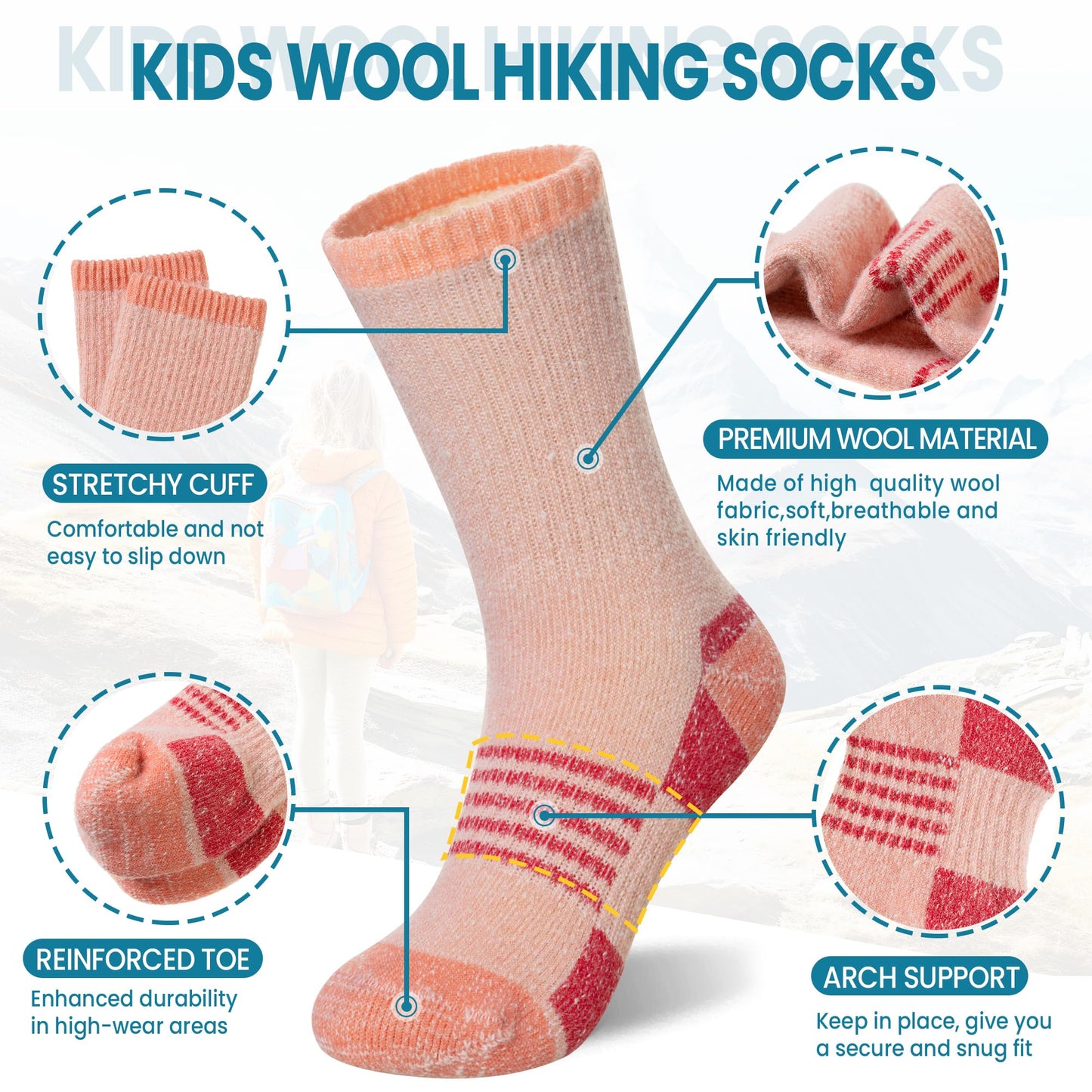 Merino Wool Hiking Socks for Kids Boy Girls Winter Warm Thermal Thick Boot Cozy Cushion Crew Socks(4 Pairs Grey/Orange/Purple/Pink, 8-12 Years)
