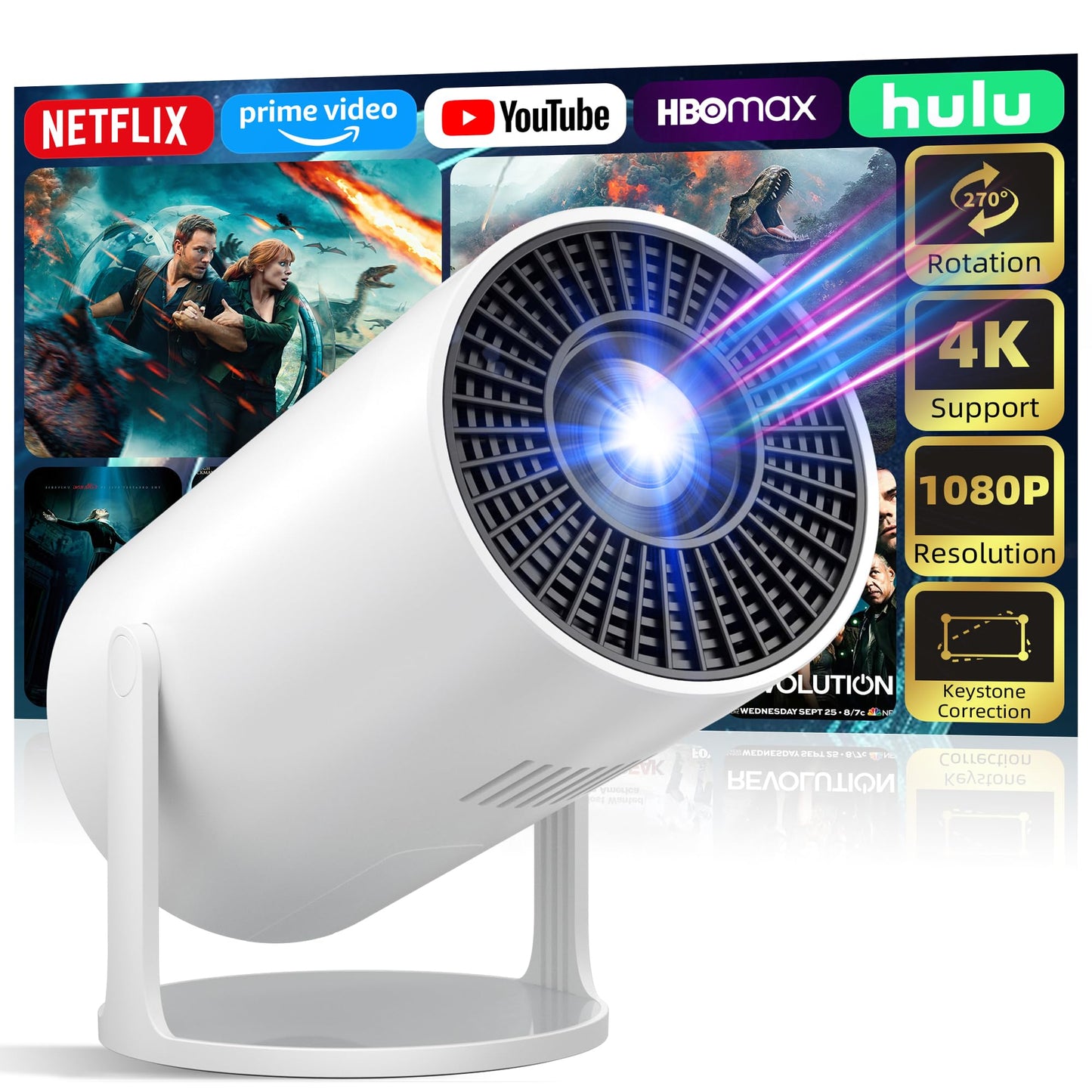 Mini Projector Portable Proyector 4K Support, Full HD 1080P Small Projector with 270° Rotatable Stand, Movie Projector Compatible with TV Stick/Smartphone/HDMI/USB for Bedroom/ Outdoor Camping