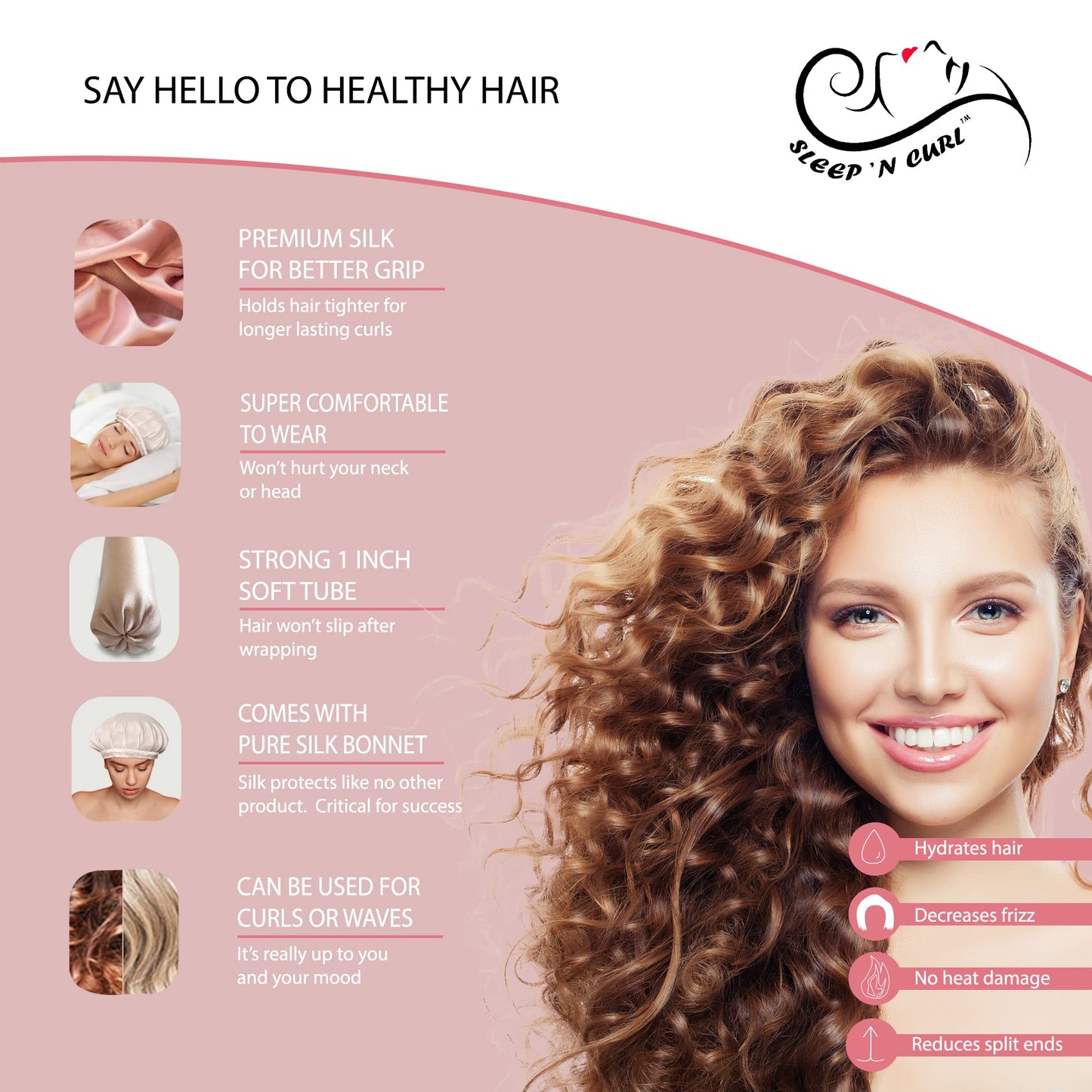 Sleep ‘N Curl - 100% Pure Mulberry Silk - Heatless Hair Curler KIT with Pure Silk Cap (Bonnet)