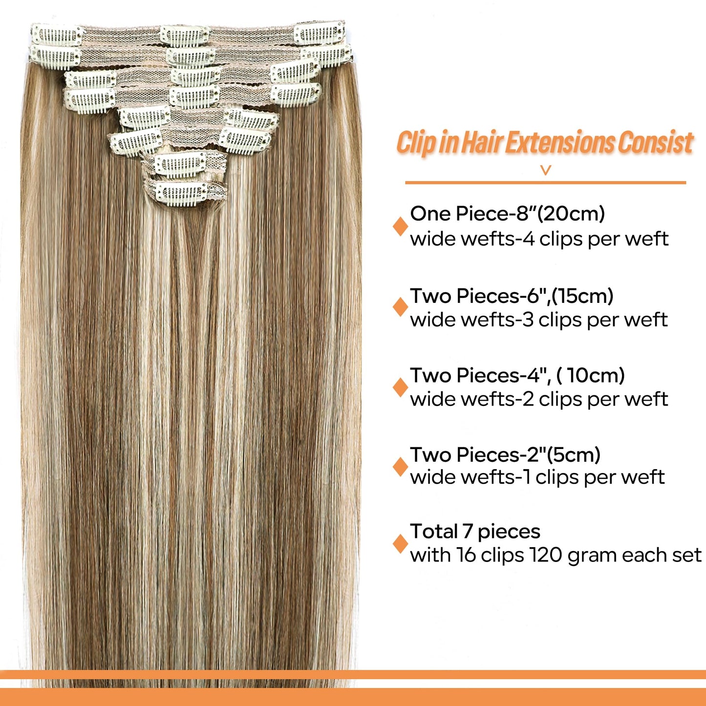 Pobokix Straight Clip In Hair Extensions Real Human Hair 8Pcs Clip In Balayage Chestnut Brown Highlight Blonde Human Hair Extensions with 18Clips Lace Weft 120g 14inch