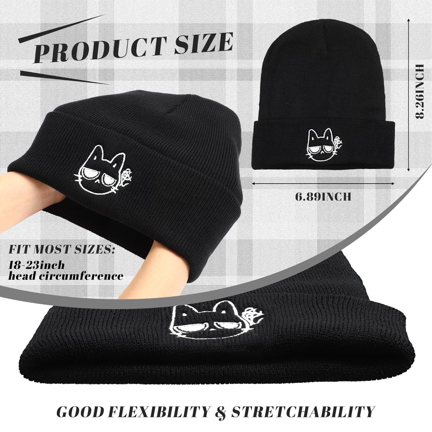 Chuarry 3 Pcs Cat Beanie Winter Hats Embroidered Knit Beanie Hat Winter Knit Crochet Ski Cap Cute Cat Ear Hat Cat Gifts for Halloween Cat Lovers Black