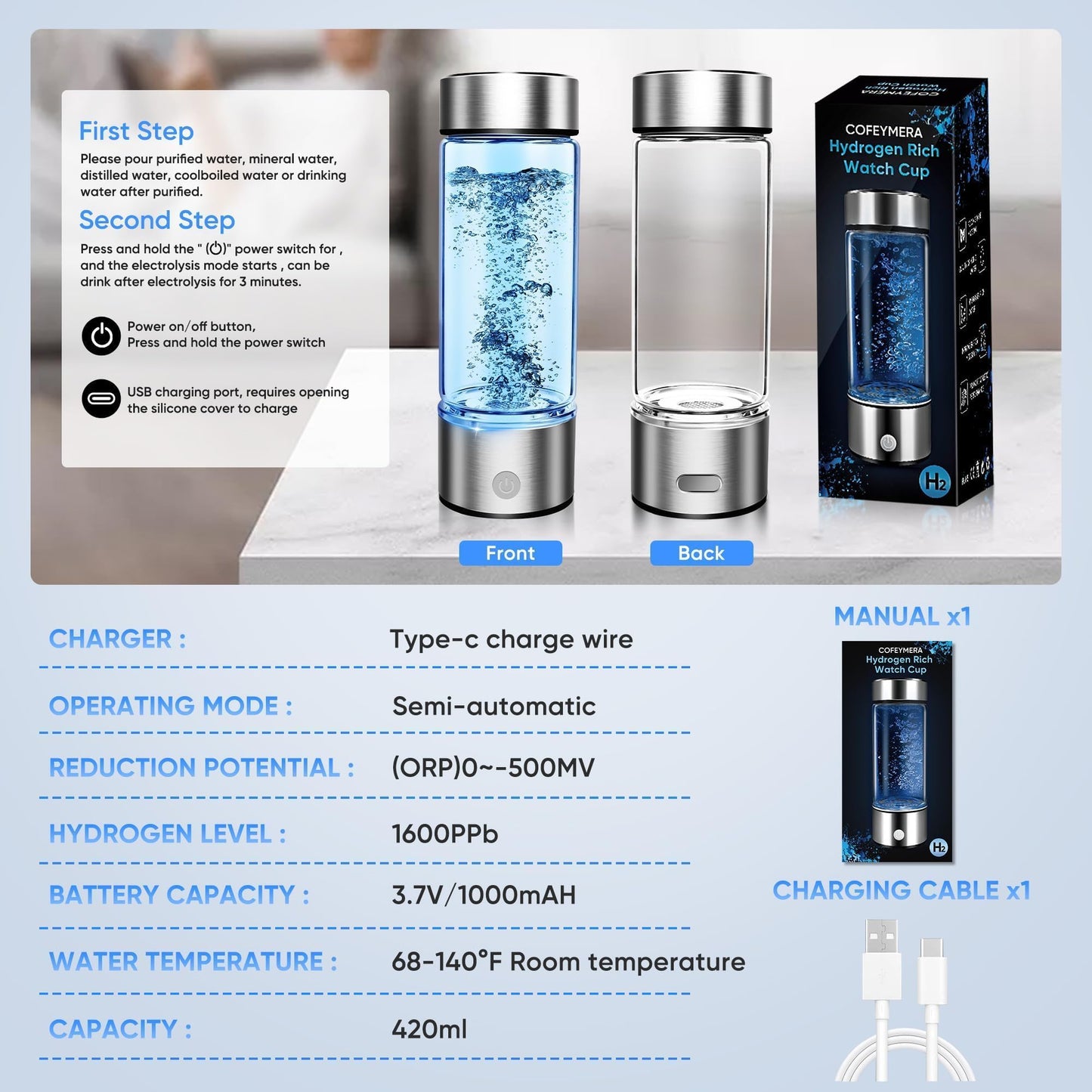 Upgraded Hydrogen Water Bottle Generator - Portable Rechargeable Hydrogen-Rich Water Machine, Rapid 3-Min for Enhanced Water Quality, Premium Travel-Friendly Design with SPE/PEM Tech (Silver)