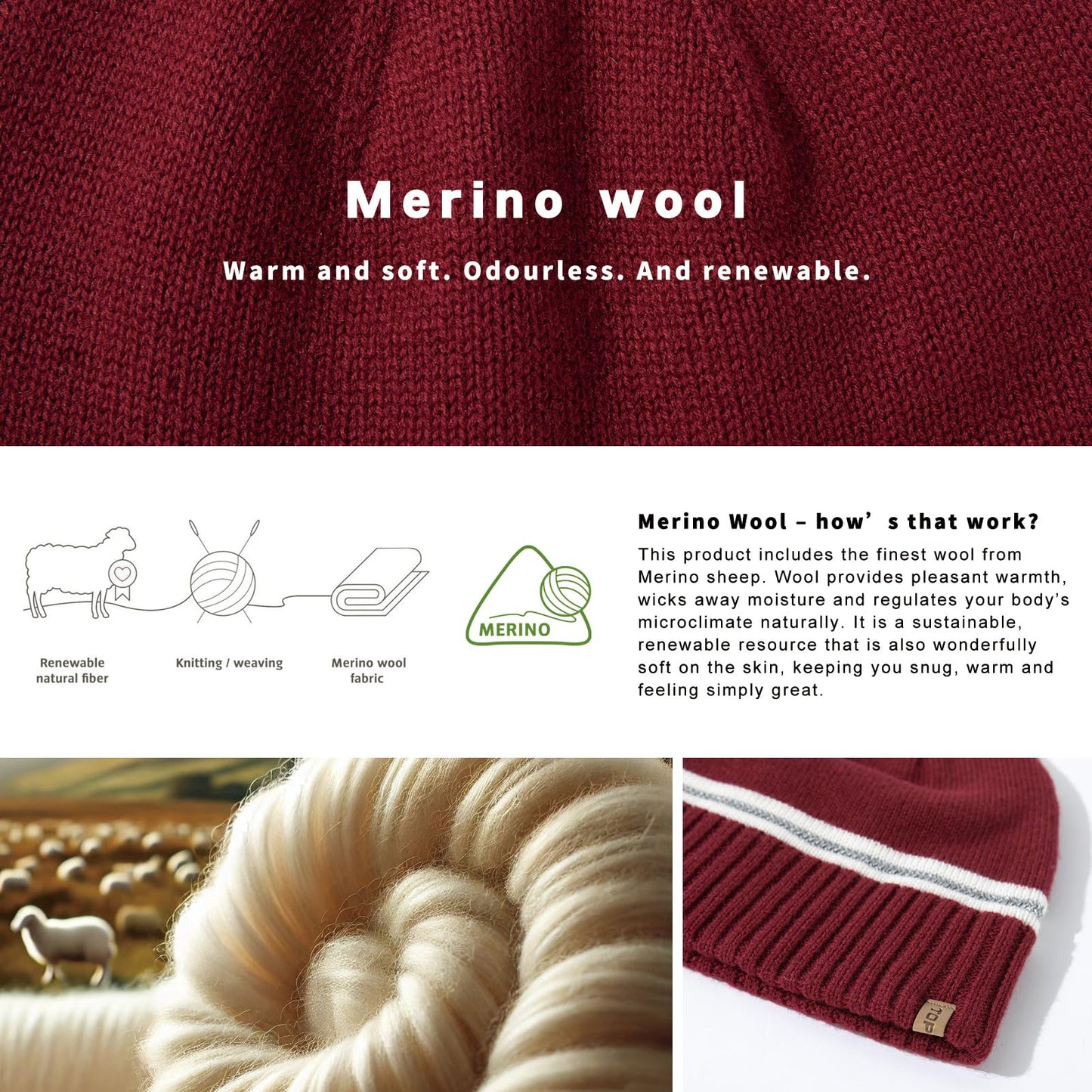 TOP-EX M/L/XL Unisex 50% Merino Wool Skull Cap Warm Winter Beanie Hats Double Layer Knit Hat with Reflective Strips Cold Weather Hat Red
