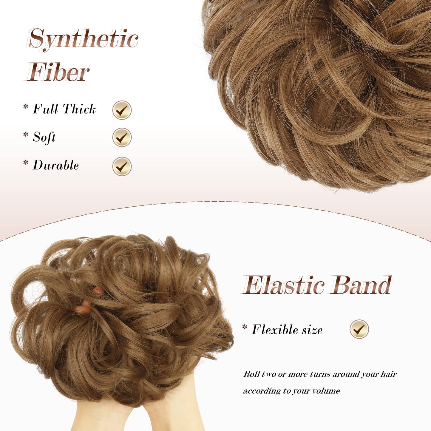 FESHFEN Messy Bun Hair Piece - Elastic Wavy Curly Hair Bun Scrunchies Extensions Synthetic Chignon Hairpieces for Women Girls, Strawberry Blonde 1 PCS