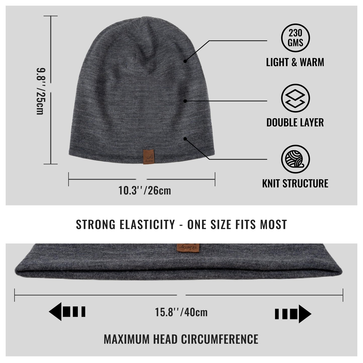 ACUSHLA 100% Merino Wool Cuff Beanie for Men & Women Knitted Winter Hat Unisex Watch Cap Skull Wrap for Cold Weather, Dark Grey