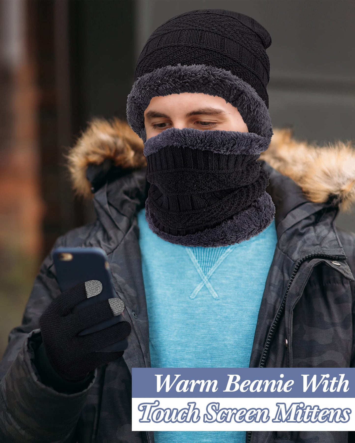 6 Pcs Men Womens Winter Hat Glove Scarf Sets Beanie Scarf Touchscreen Gloves Knit Skull Cap Fleece Neck Warm Scarf Mitten (Black, Wine Red)