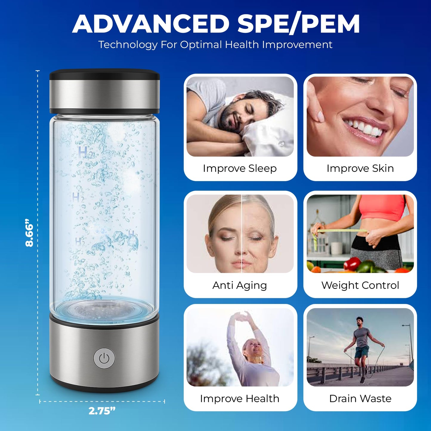 FRAVI Hydrogen Water Bottle - Portable Molecular Hydrogen Bottle with SPE PEM Technology - Glass Ionized Water Maker for Hydration, Energy, Antioxidants - Ideal for Travel, Gym and Daily Use