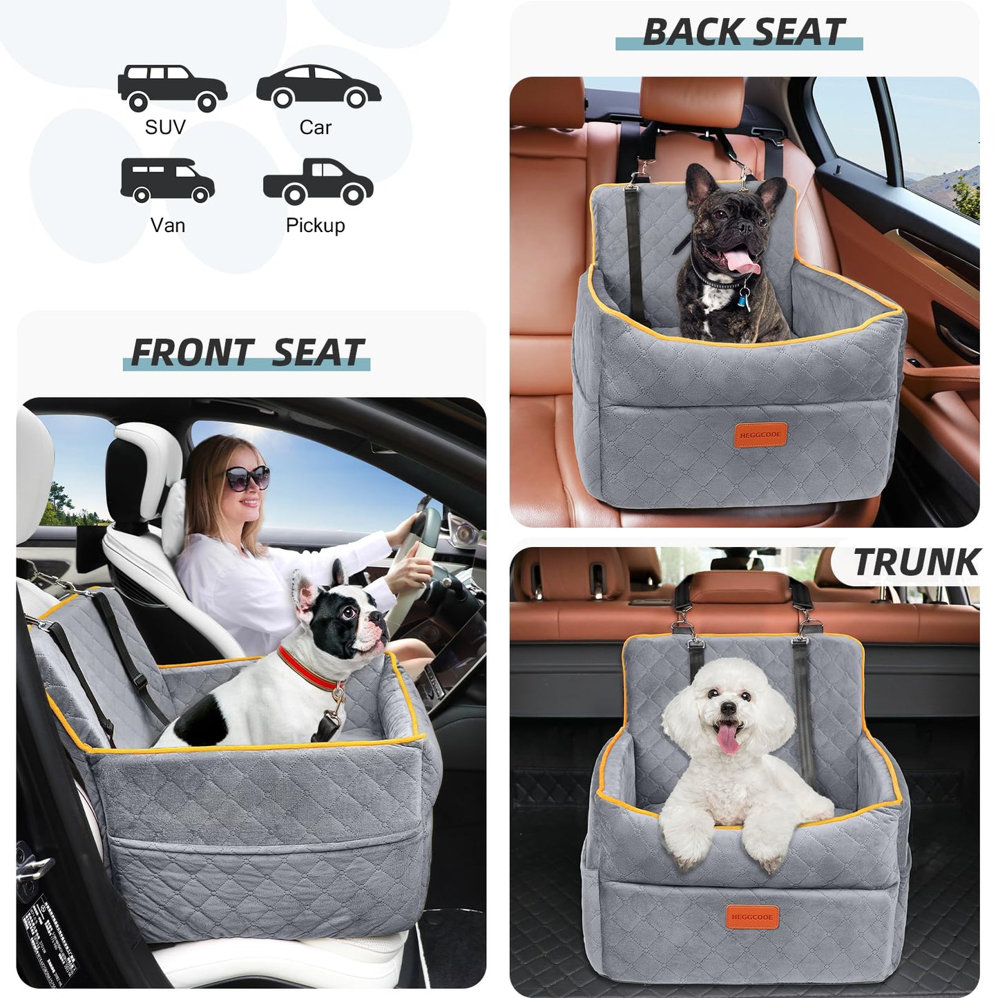 HEGGCOOE Dog Car Seat for Small Medium Dogs, Memory Foam Puppy Dog Booster Seat with Thick Cushion for Dogs Under 35lbs, Detachable Washable Pet Car Seat Travel Bed with Storage Pockets,2 Safety Belts