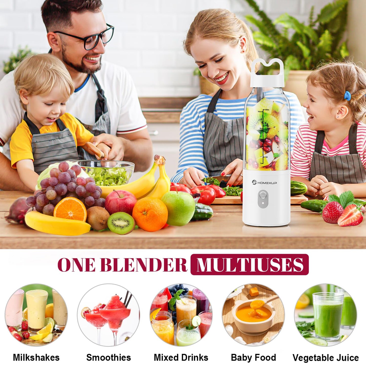 2PCS Portable Personal Blender 17 OZ/500 ML Juicer, 175W Personal Size Blender, Ideal for Smoothies, Ice Blending, Juicing, and Food Processing, Compact, Convenient, and Versatile(Blue&White)