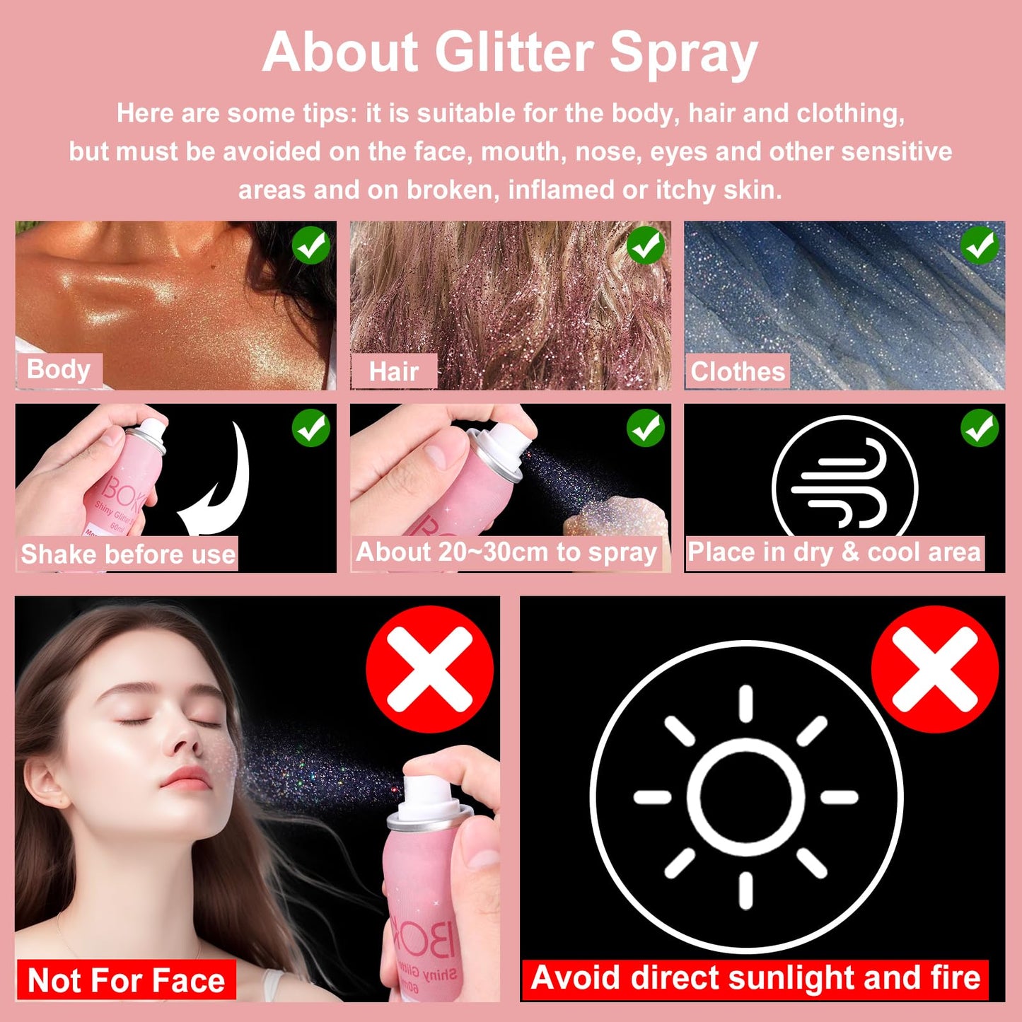 Boko Body Glitter Spray, 60ML Holographic Silver Glitter Spray for Body Hair Clothes, Quick-Drying and Long-Lasting Glitter Hairspray Body Shiny for Festival Music Concert Party Rave Accessories