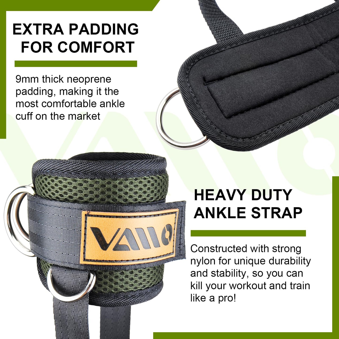 VAIIO Green Ankle Straps for Cable Machines,Adjustable Comfort fit Neoprene, Reinforce Double D-Ring - Premium Ankle Cuffs to Improve Abdominal Muscles, Lift The Butts, Tone The Legs for Men & Women