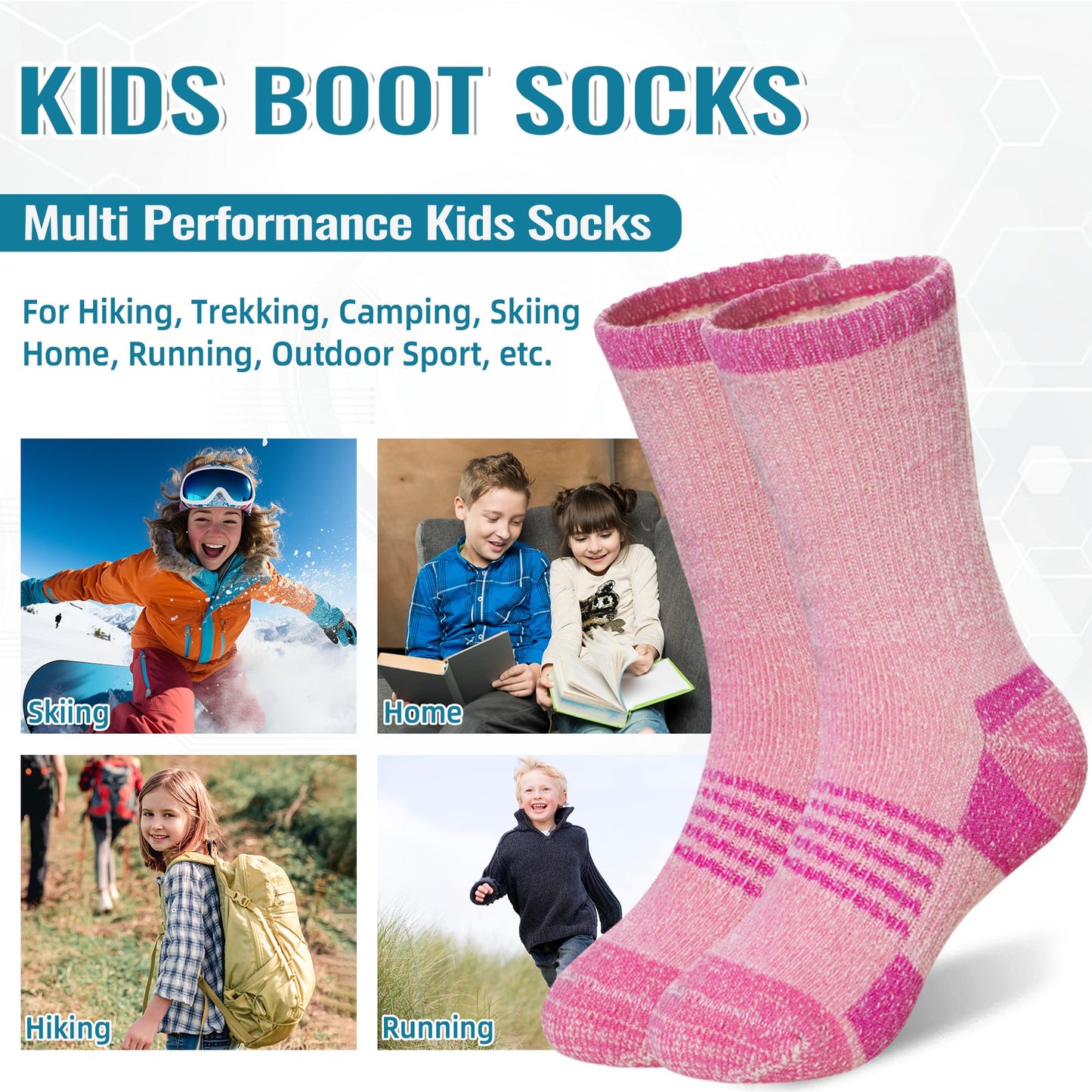 Merino Wool Hiking Socks for Kids Boy Girls Winter Warm Thermal Thick Boot Cozy Cushion Crew Socks(4 Pairs Grey/Orange/Purple/Pink, 8-12 Years)