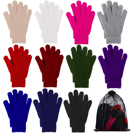 Cooraby 12 Pairs Winter Magic Gloves Stretchy Warm Knit Gloves with Mesh Storage Bag for Men or Women (Mixed Classic Colors, Medium)