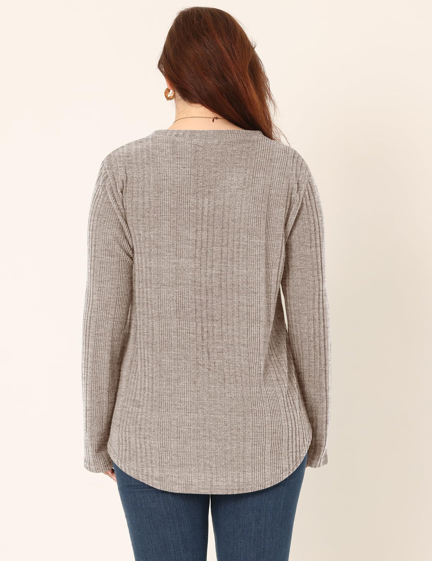 Rapbin Plus Size Long Sleeve Tops for Women Knitted V Neck Sweaters for Women Lightweight Sweatshirt Winter Khaki XXL