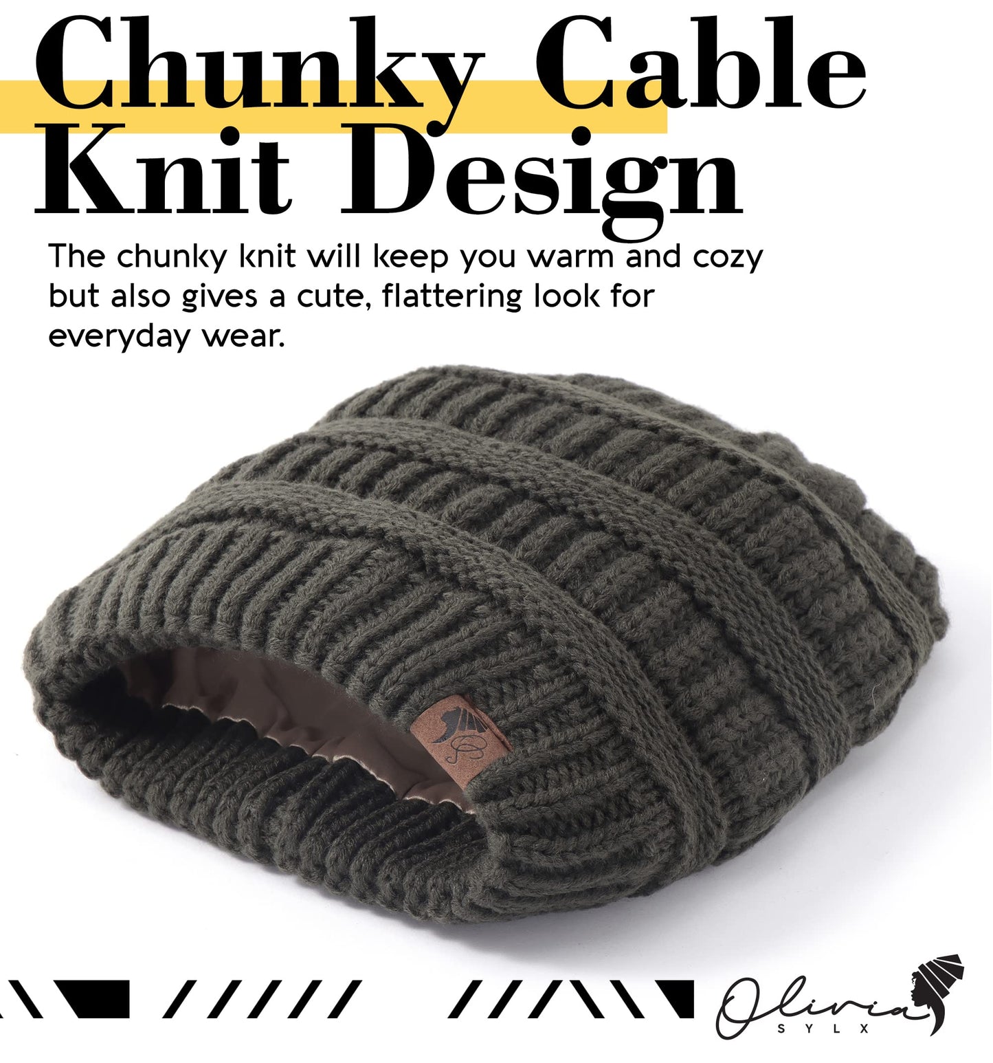 Olivia Sylx Satin Lined Beanie for Women - Satin Beanie,Silk Beanie, Satin Lined Winter Hats for Women & Slouchy Beanie Army Green