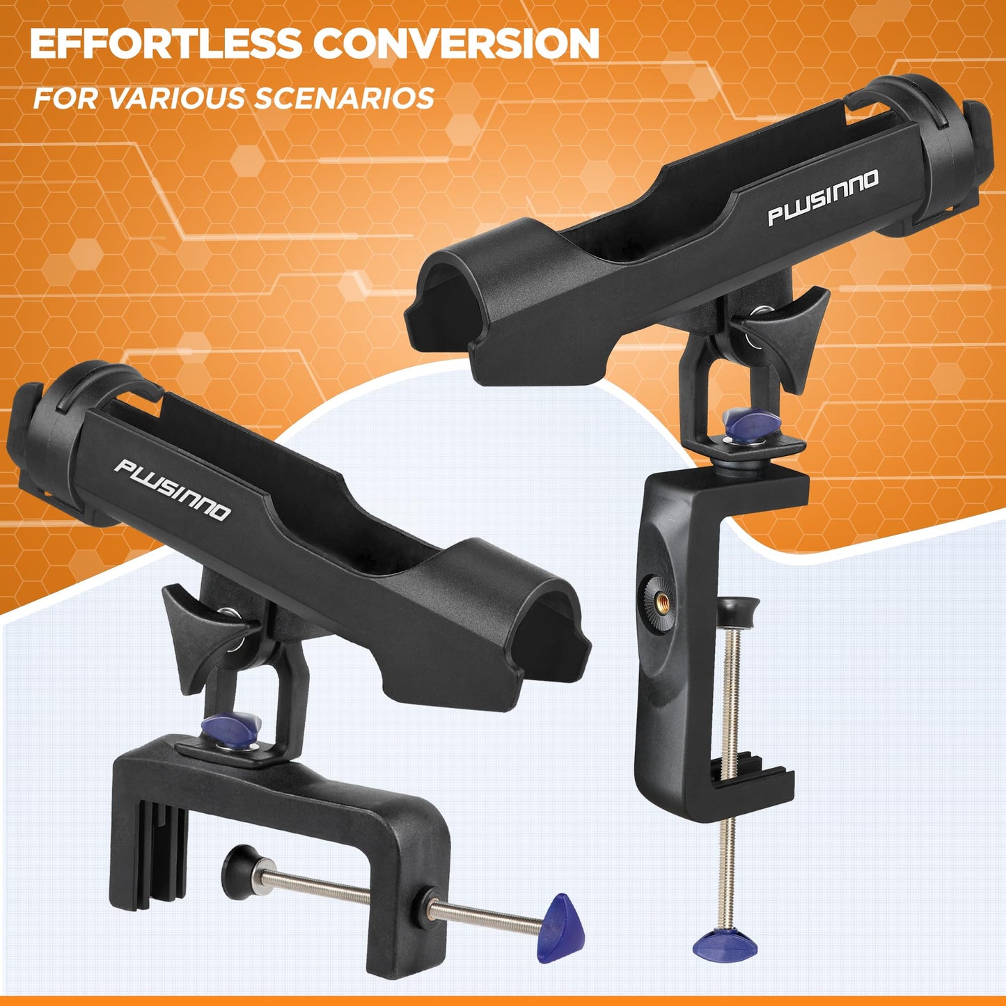 PLUSINNO Fishing Boat Rods Holder with Large Clamp Opening 360 Degree Adjustable Fishing Rod Racks Folding Holder (1 Pack Blue)