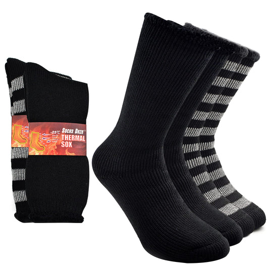 Socks Daze 2 Pack Thick Heat Stripe Socks Men, Winter Outdoor Heavy Working Thermal Crew Hiking Hunting Backpacking Socks, Black+Dark Grey Stripe, Large