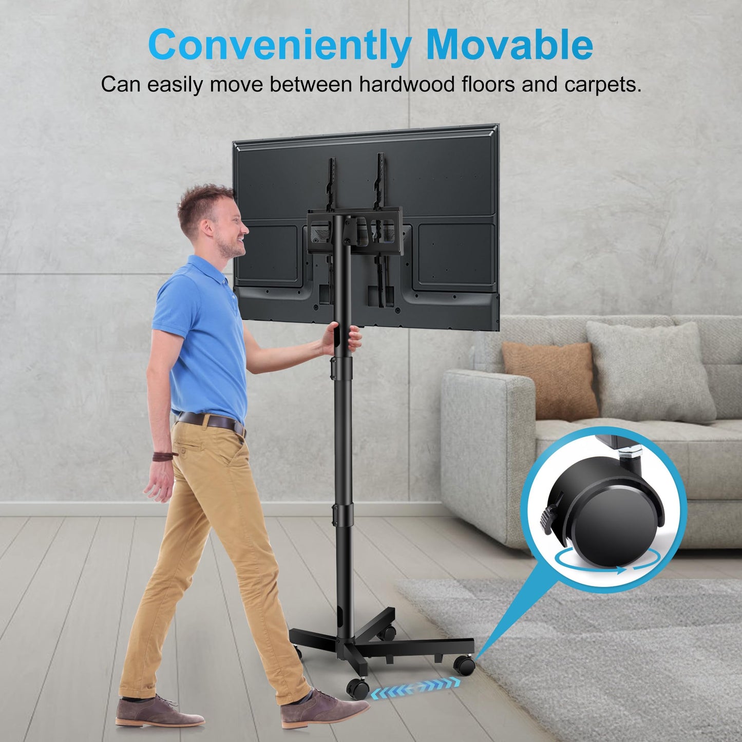 La Jaco Rolling TV Stand for 23-60 Inch LCD LED Flat Curved Panel Screens TVs, Height Adjustable Mobile TV Stand with Locking Wheels up to 55lbs, Tilting Smart TV Cart Max VESA 400x400mm