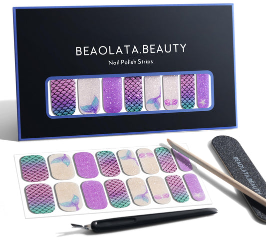 Beaolata Nail Polish Strips, 32PCS Salon Quality Wraps, Long Lasting Gel Nail Stickers for Women Easy Apply& Remove (Dark Purple&Glitter)