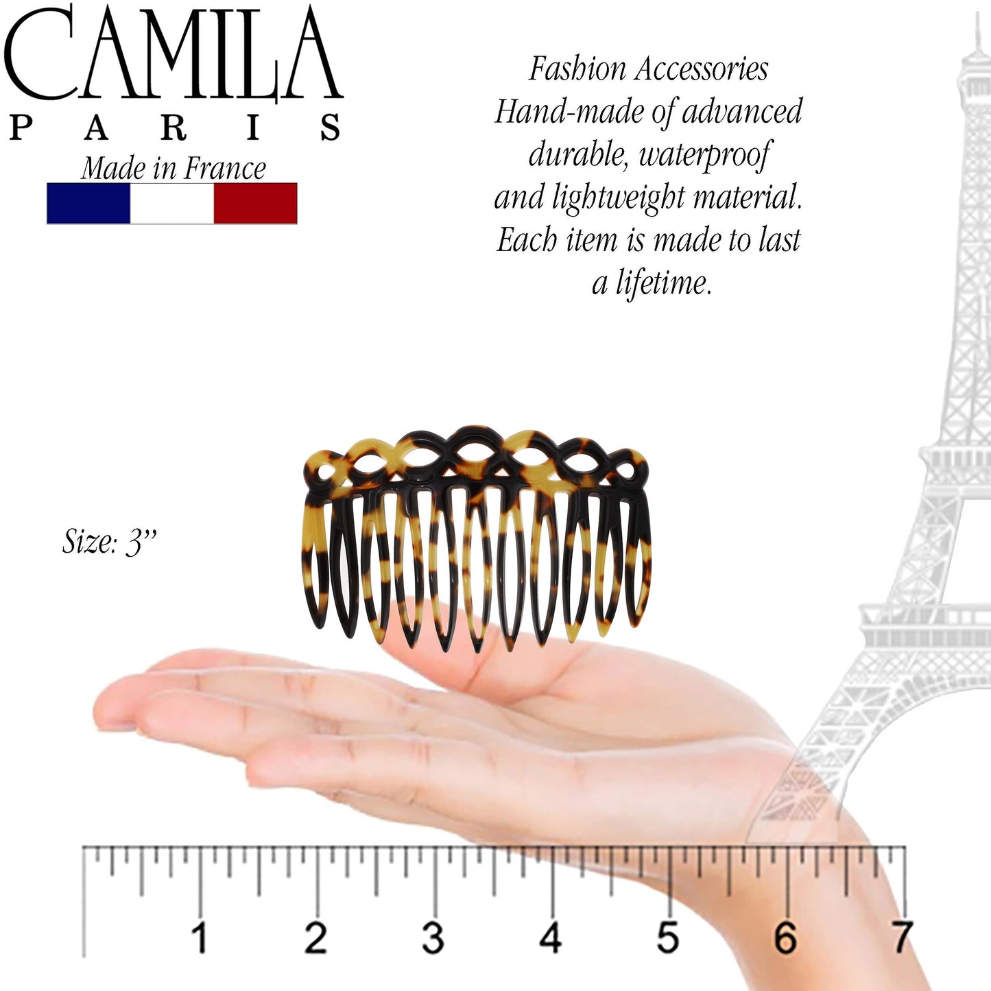 Camila Paris CP3140 French Hair Side Comb Small Handmade Tokio French Twist Hair Combs Decorative, Strong Hold Hair Clips for Women Bun Chignon Up-Do Styling Girls Hair Accessories, Made in France