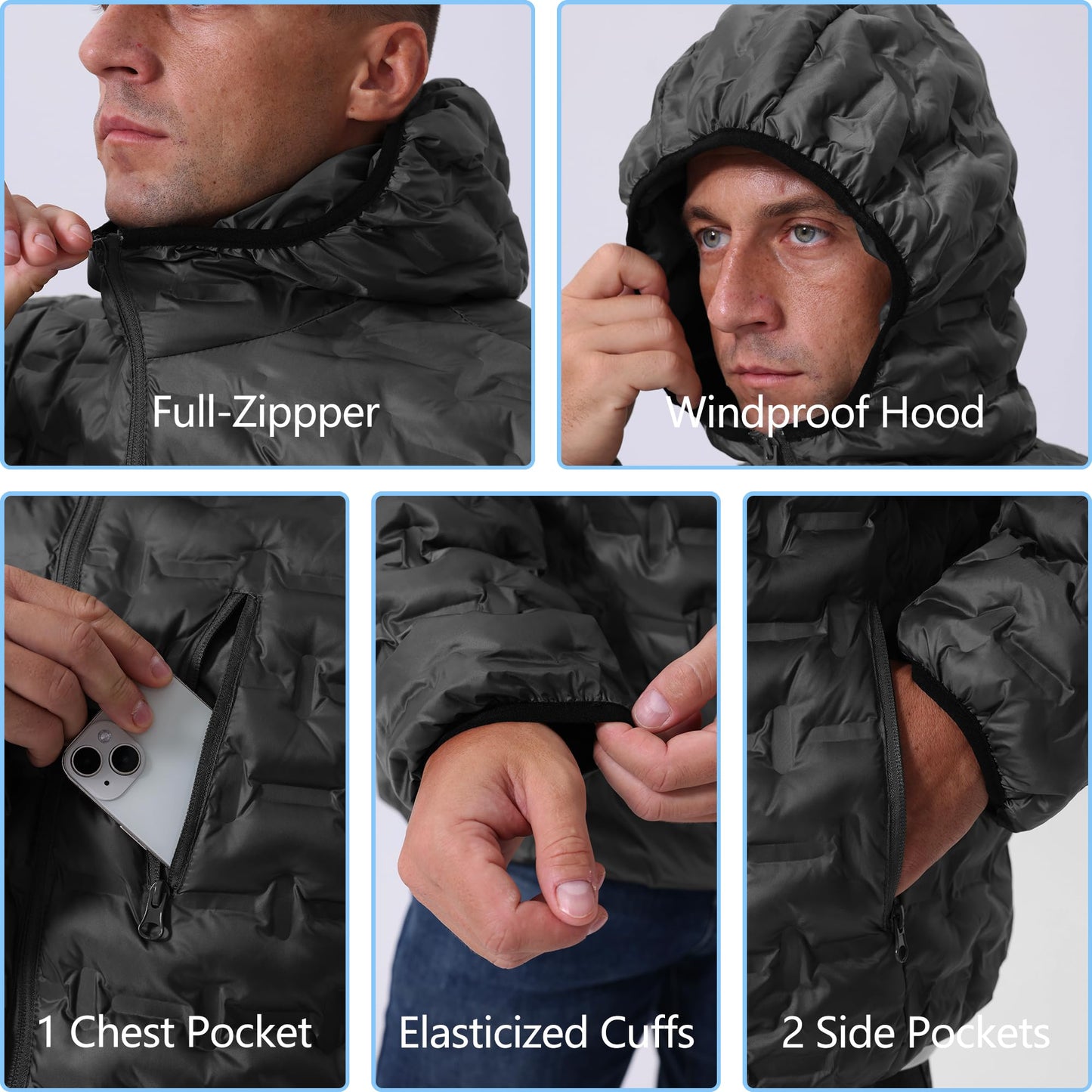 Heihuohua Men's Packable Puffer Jacket Lightweight Hooded Windproof Winter Coat for Travel Running Hiking
