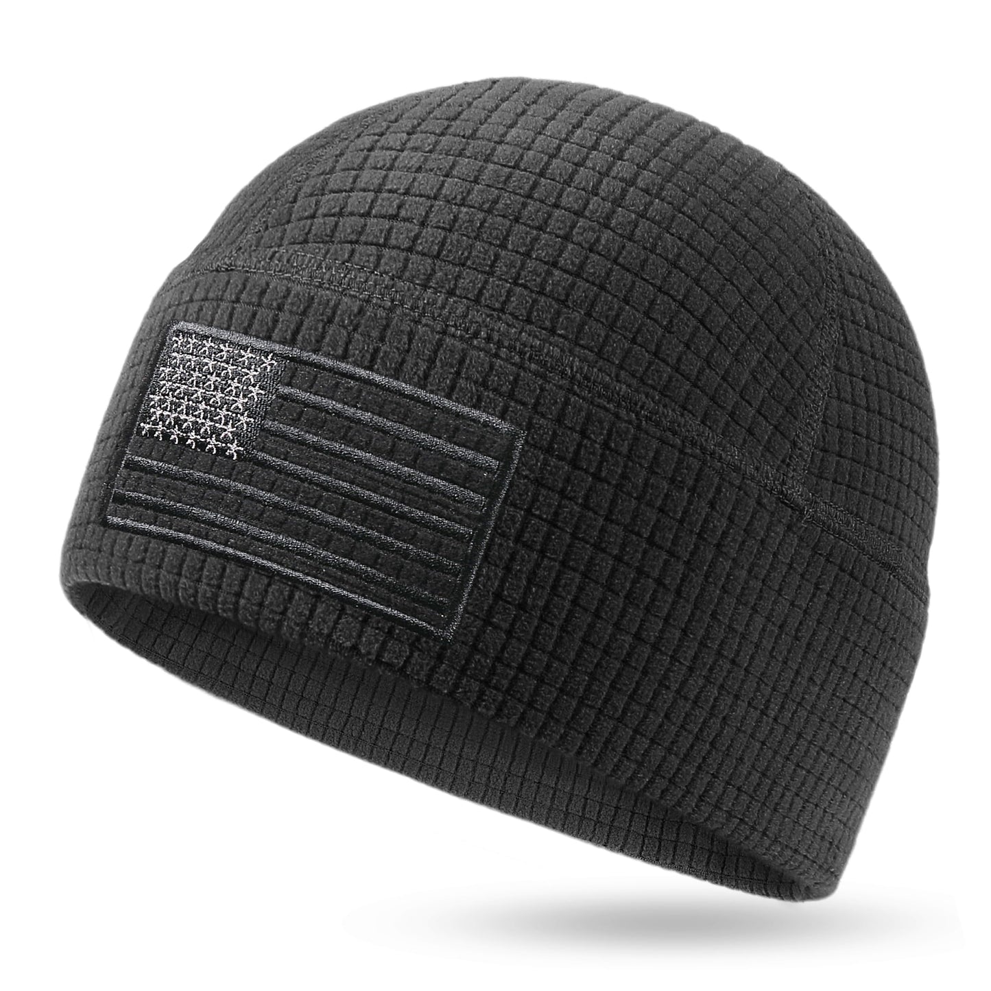 OUTDOOR SHAPING Grid Fleece Beanie with American Flag Embroidery Waffle Tactical Army Military Skull Cap Black