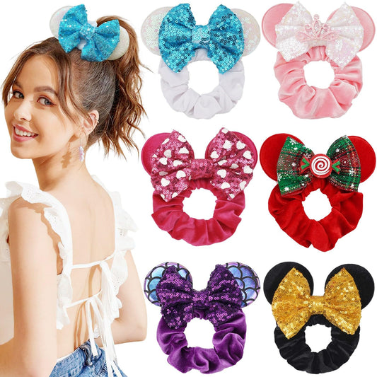 6 Pack Mouse Ears Scrunchies Velvet Sparkle Sequin Bows Hair Scrunchies Hair Ties Elastic Rubber Bands Christmas Ponytail Holders for Kids Women Girls Adult Christmas Party Decoration