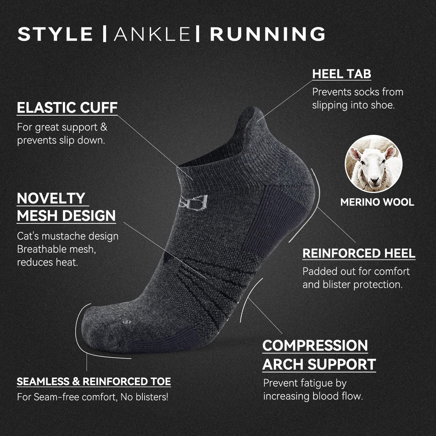 Socks Daze Womens Wool Workout Gym Athletic Socks Pack, Big Girls Boys Winter Ankle Thick Cushioned Long Distance Marathon Basketball Wool Socks, 3 Pairs Dark Grey, Medium