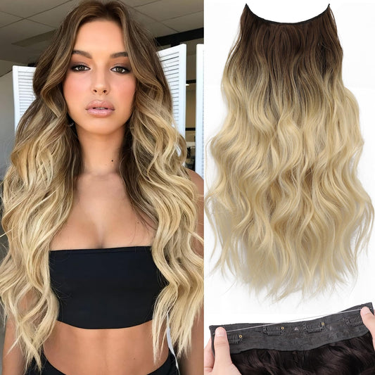 KooKaStyle Invisible Wire Hair Extensions with Transparent Wire Adjustable Size 4 Secure Clips Long Wavy Secret Hairpiece (20Inch, Medium Brown to Bleach Blonde)