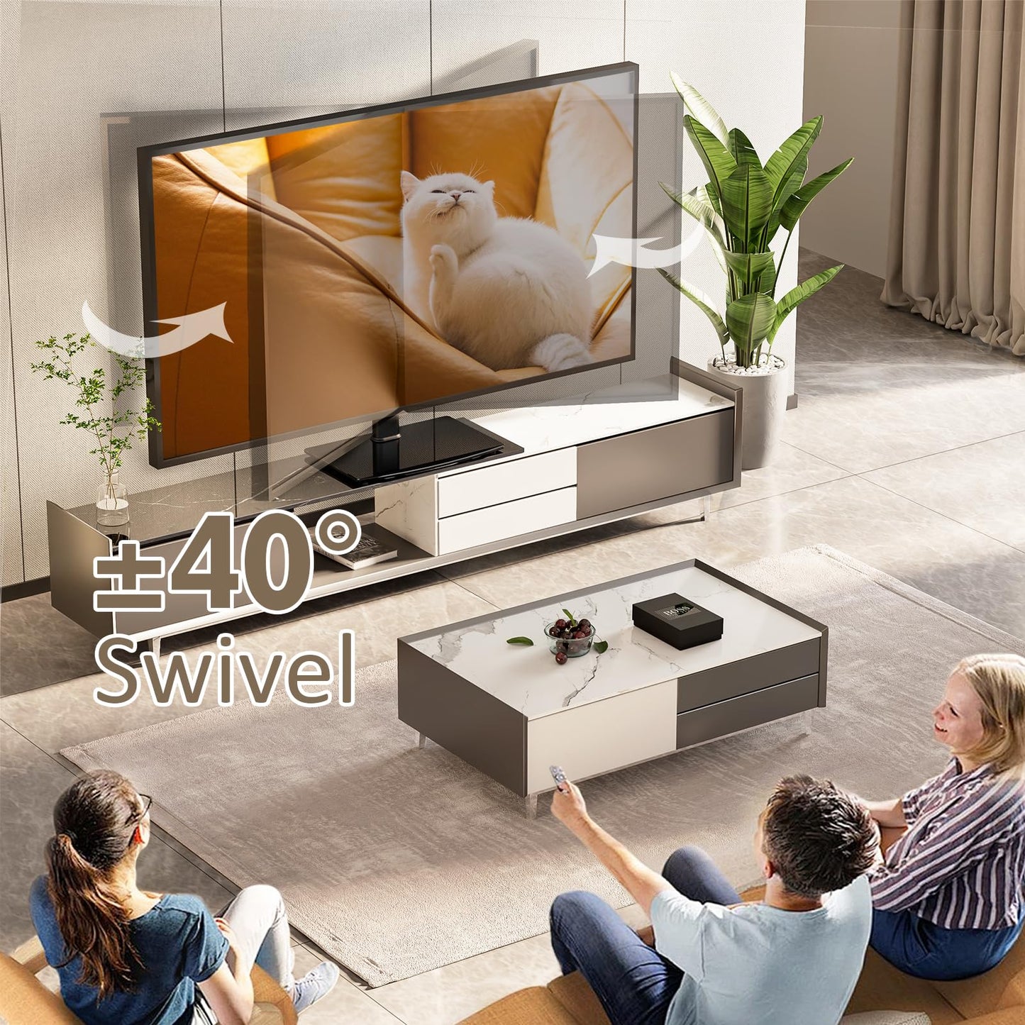 Universal Swivel TV Stand/Base Table Top TV Stand 32 to 65 inch TVs 80 Degree Swivel, 4 Level Height Adjustable, Heavy Duty Tempered Glass Base, Holds up to 88lbs Screens, HT04B-002