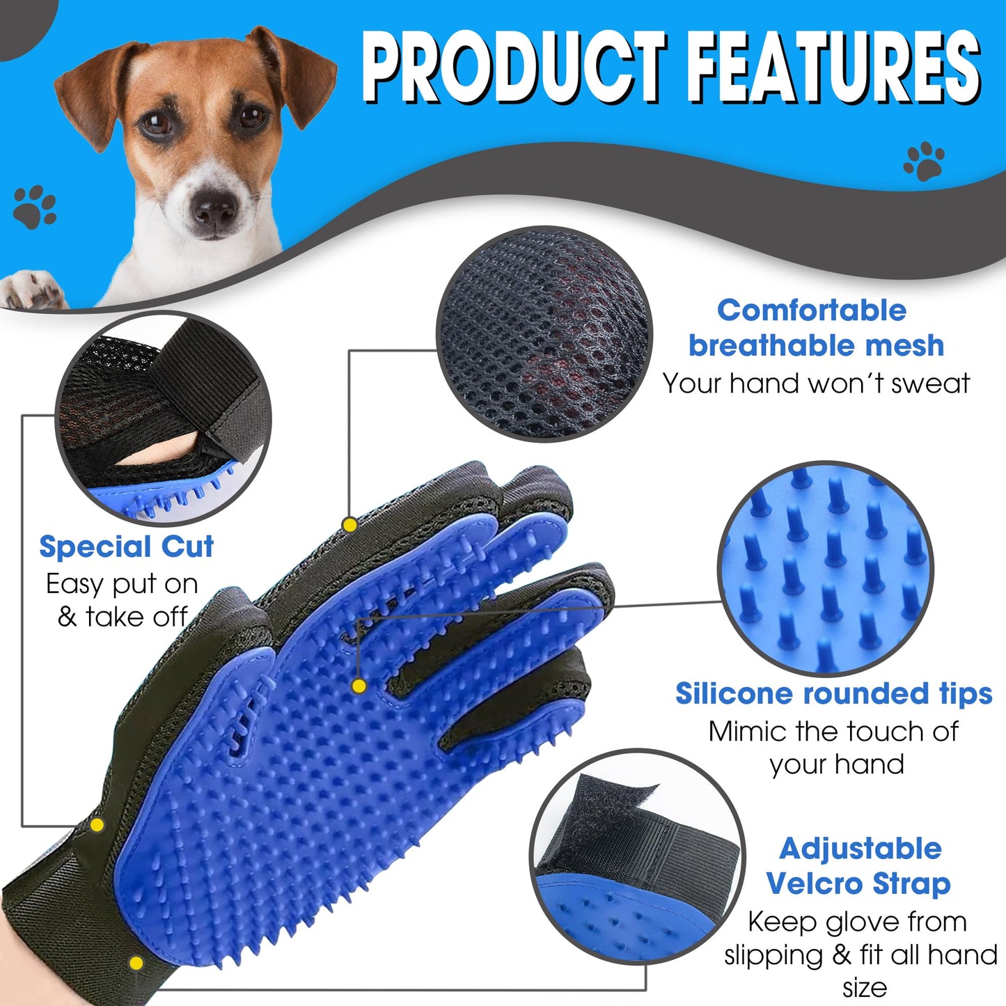 CEMZENFIX Upgrade Pet Gloves Grooming for Dogs, Grooming Gloves for Dogs, Cats, Rabbits & Horses with Long and Short Hair, Efficient Pets Hair Remover Mittens - 1 Pair (Blue)