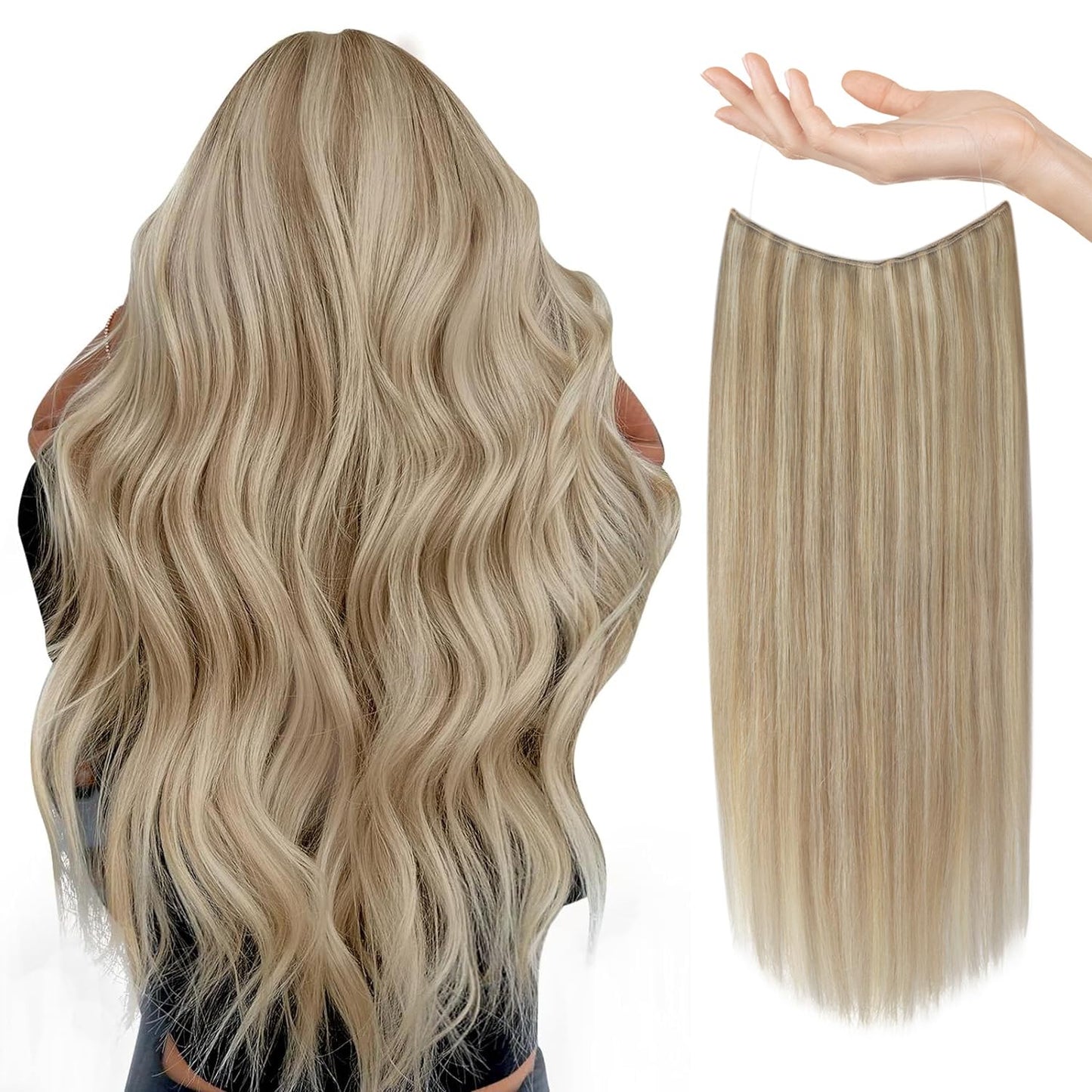 Sunny Wire Hair Extensions Real Human Hair Fish Line Human Hair Extensions Invisible Wire Extensions Golden Blonde with Medium Blonde Highlights #16/22 14 Inch